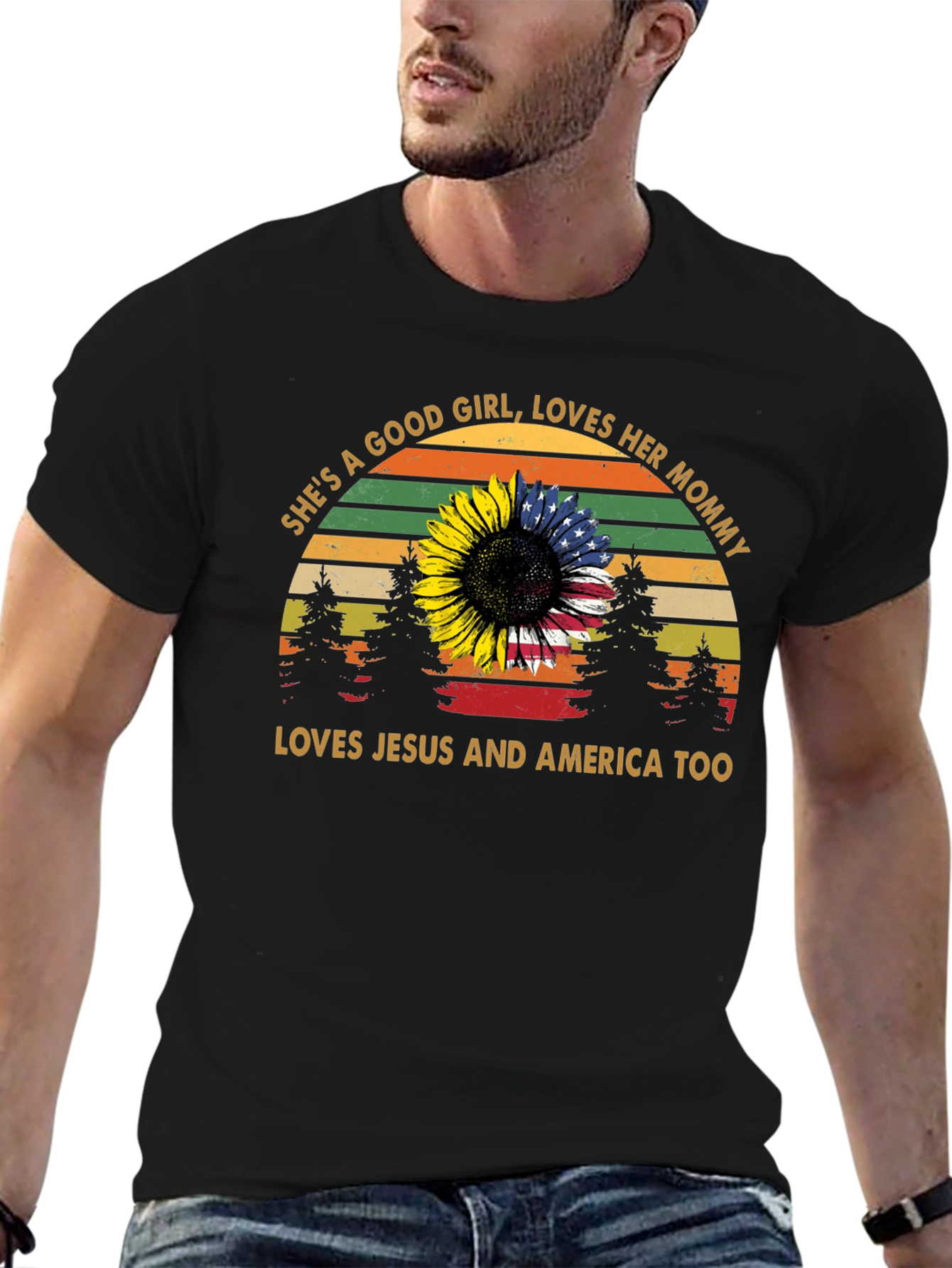 Black She's a Good Girl Tee: Sunflower & US Flag Design view 6