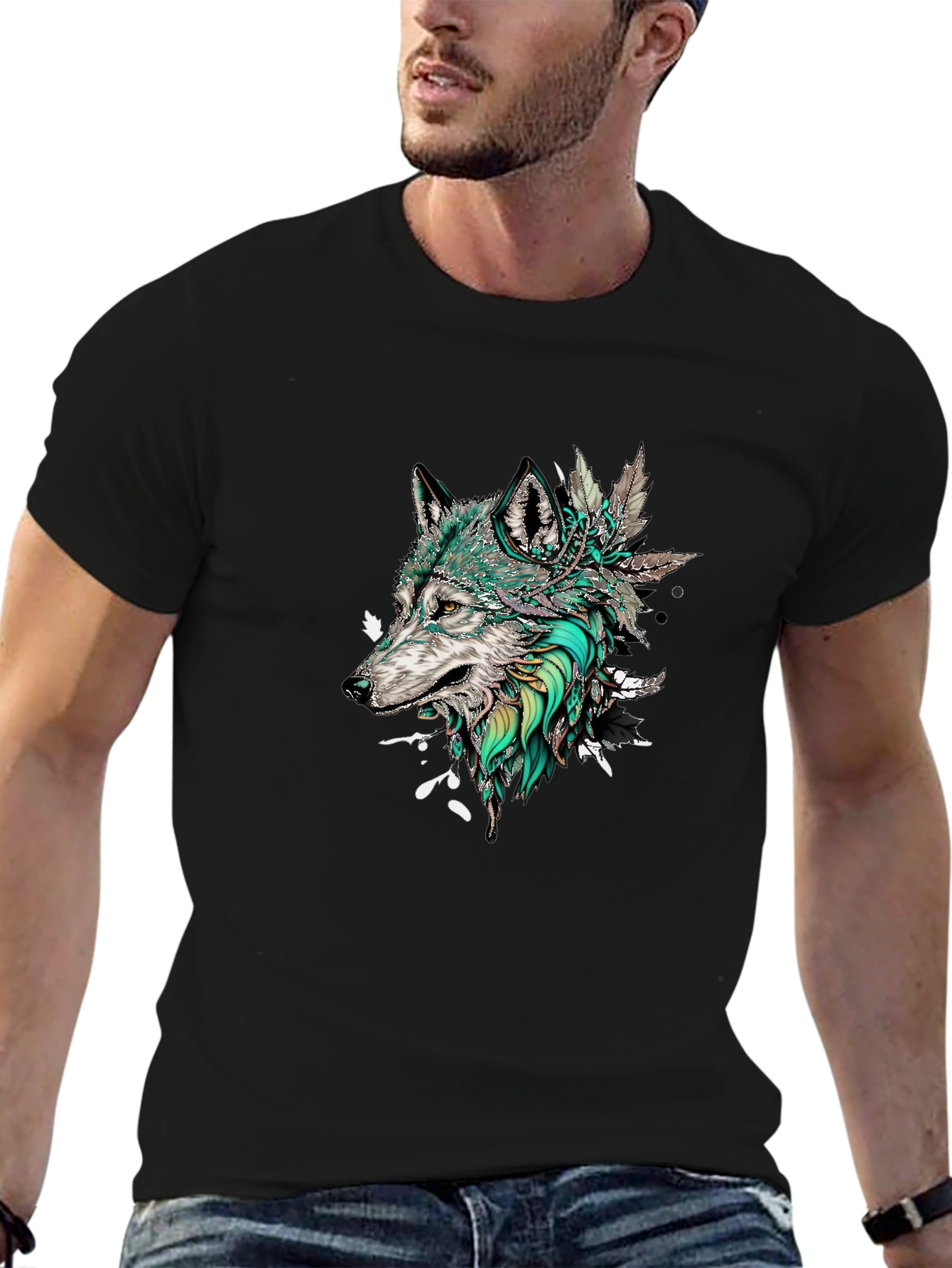 Black Wolf Graphic Print Men's Black T-Shirt view 6