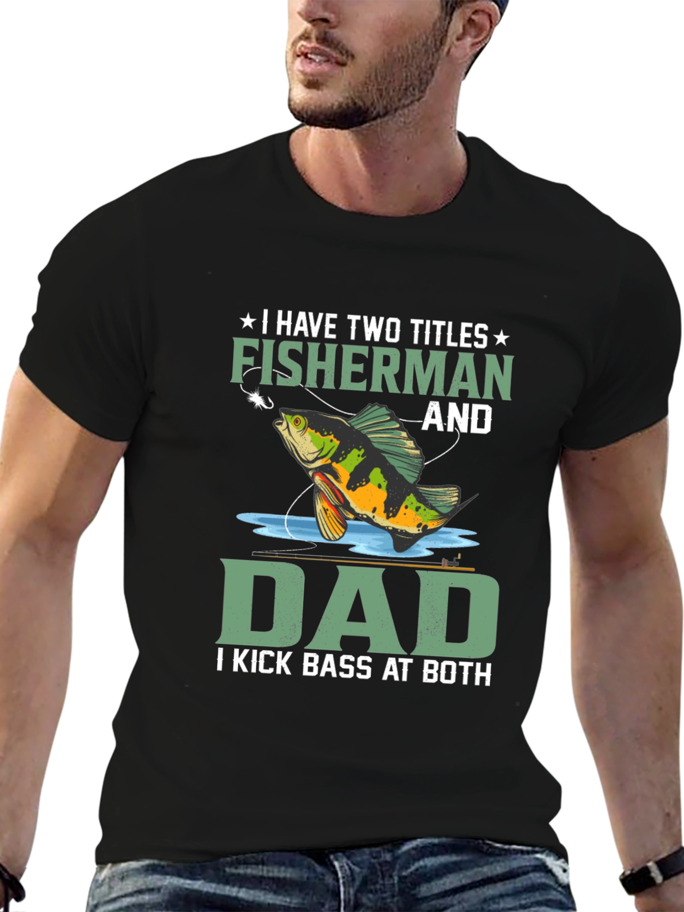 Black Fisherman Dad T-Shirt: I Kick Bass At Both view 6