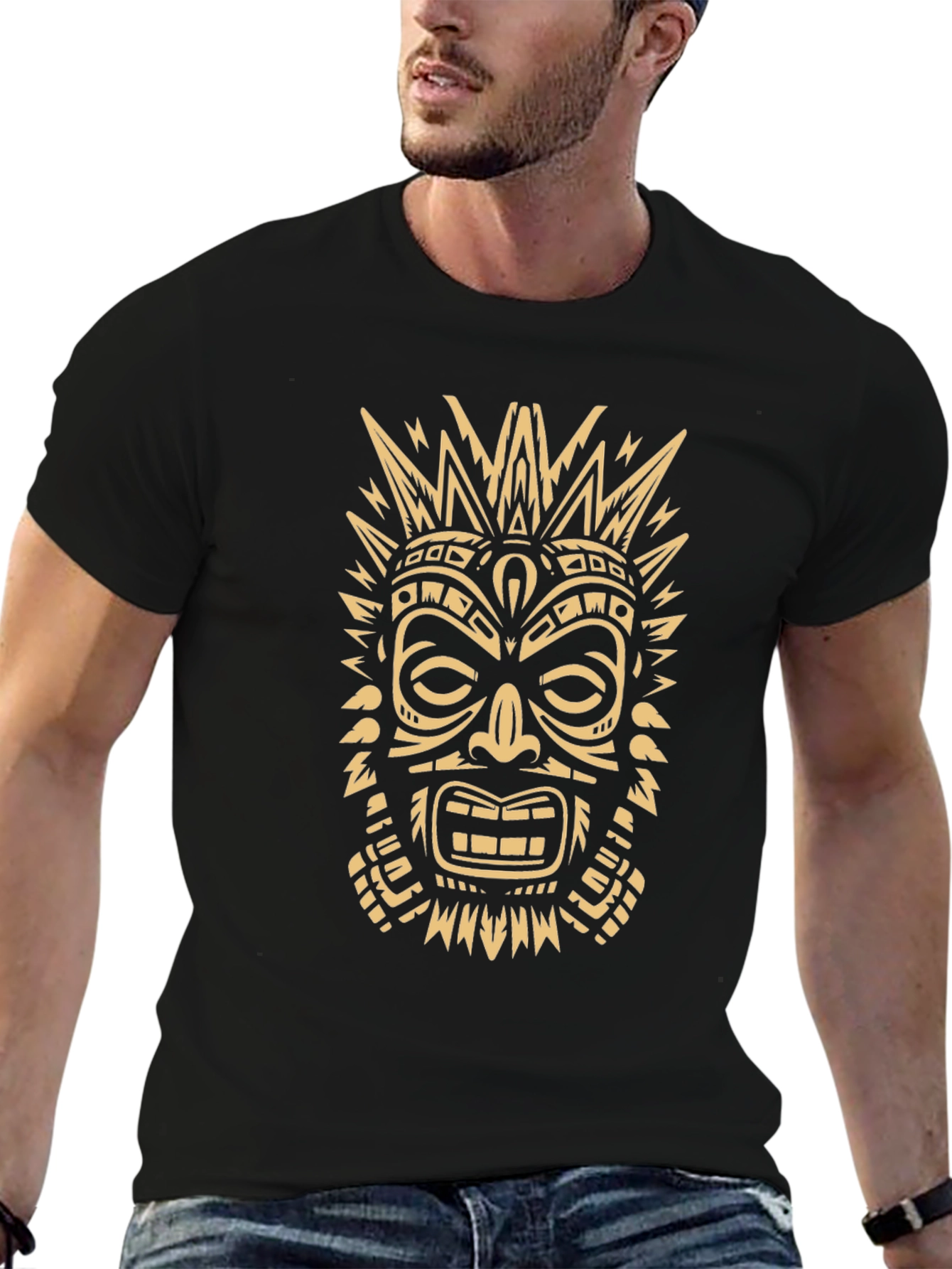 Black Tribal Mask Graphic Tee - Men's Black T-Shirt view 6