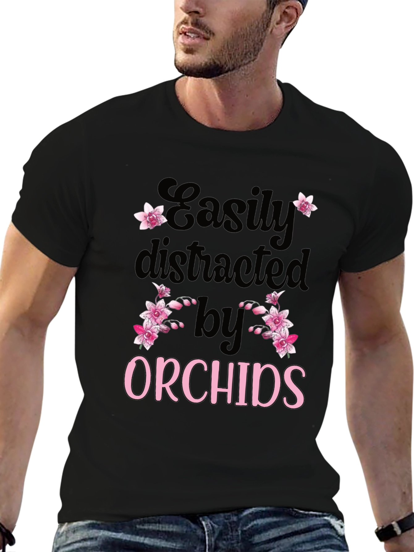 Black Easily Distracted by Orchids T-Shirt view 6