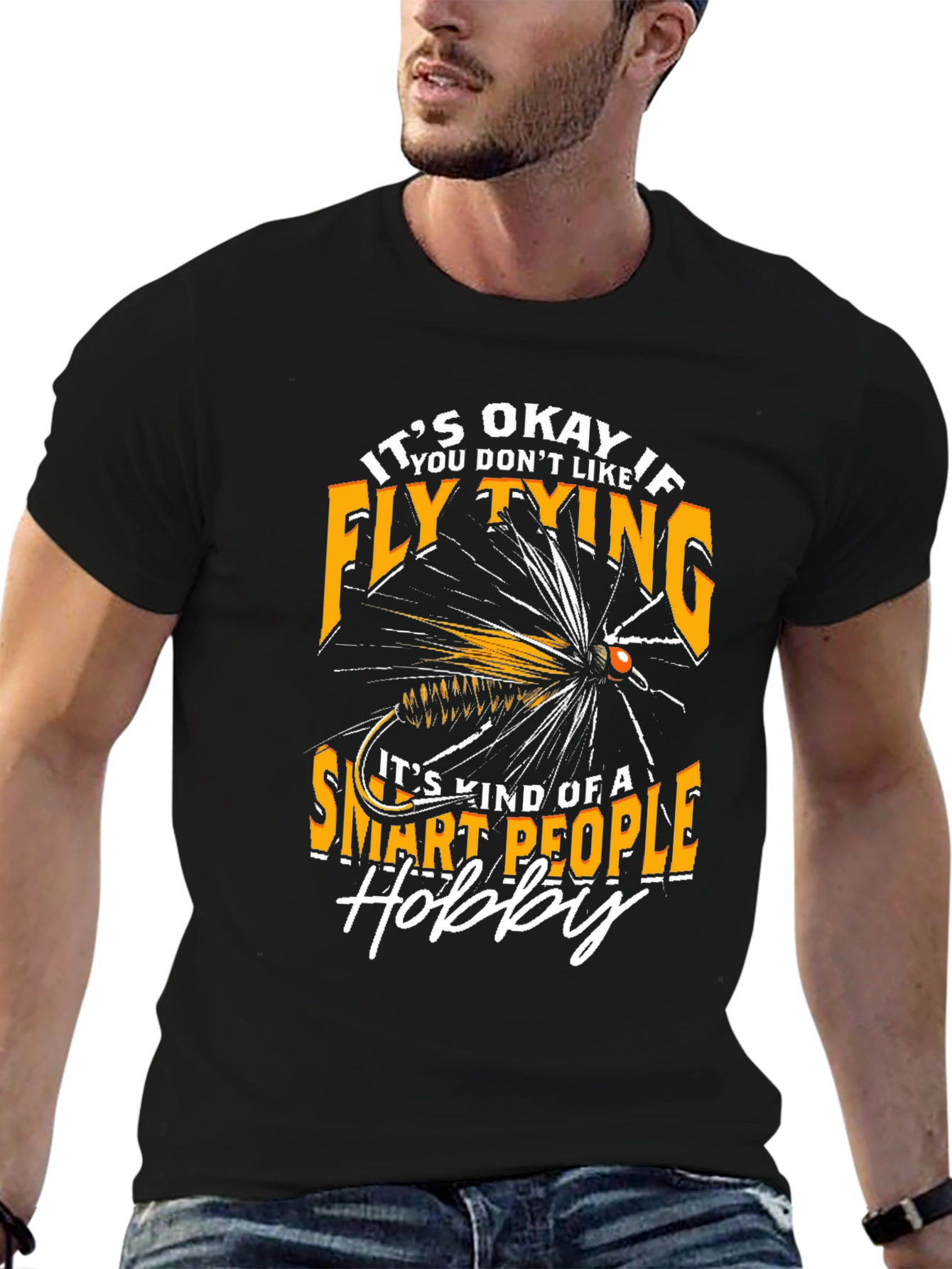 Black Fly Tying Hobby T-Shirt - Smart People Design view 6