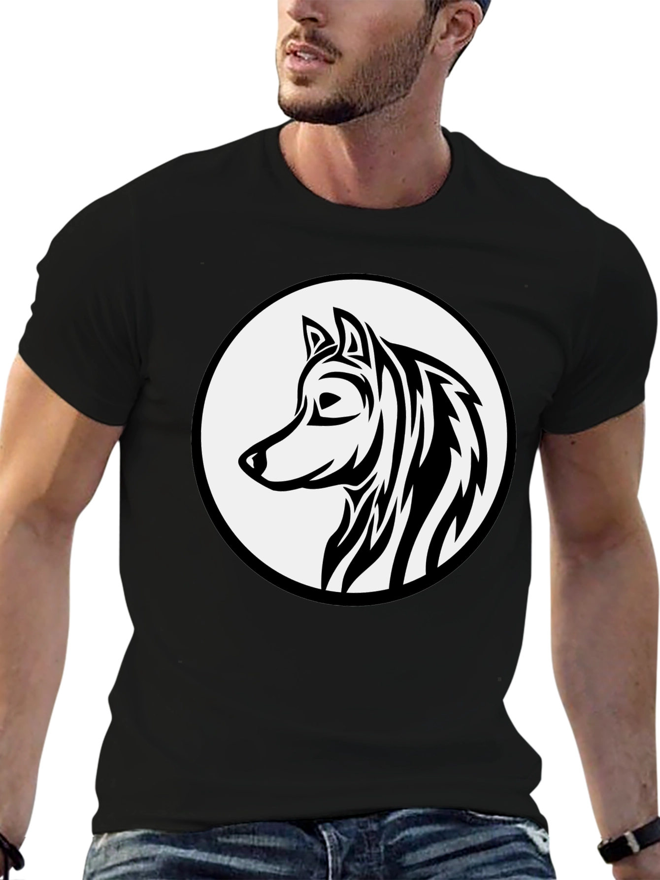 Black Black Wolf Graphic Tee - Tribal Style Circle Design view 6