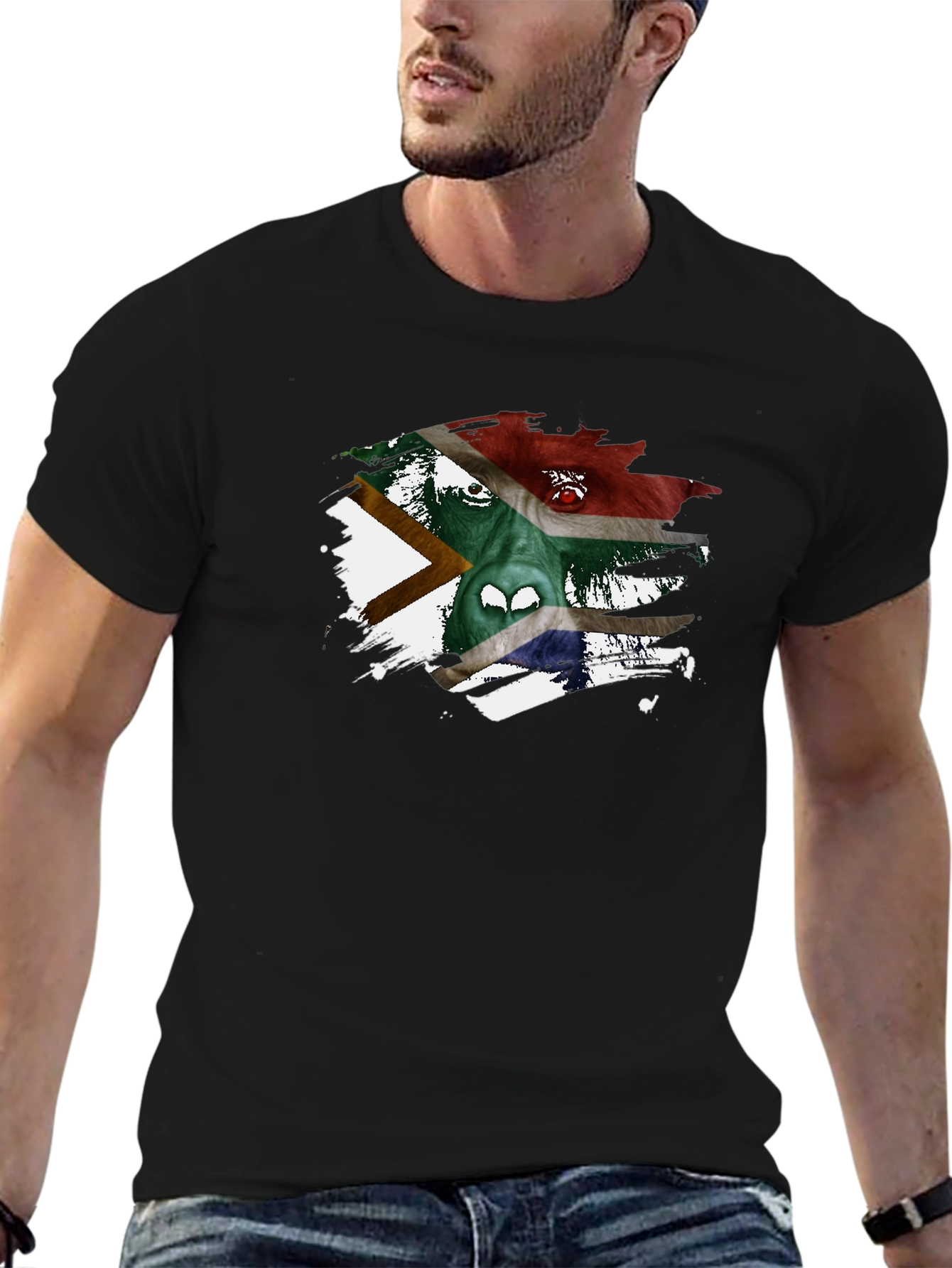 Black South Africa Flag Gorilla Graphic Black T-Shirt view 6
