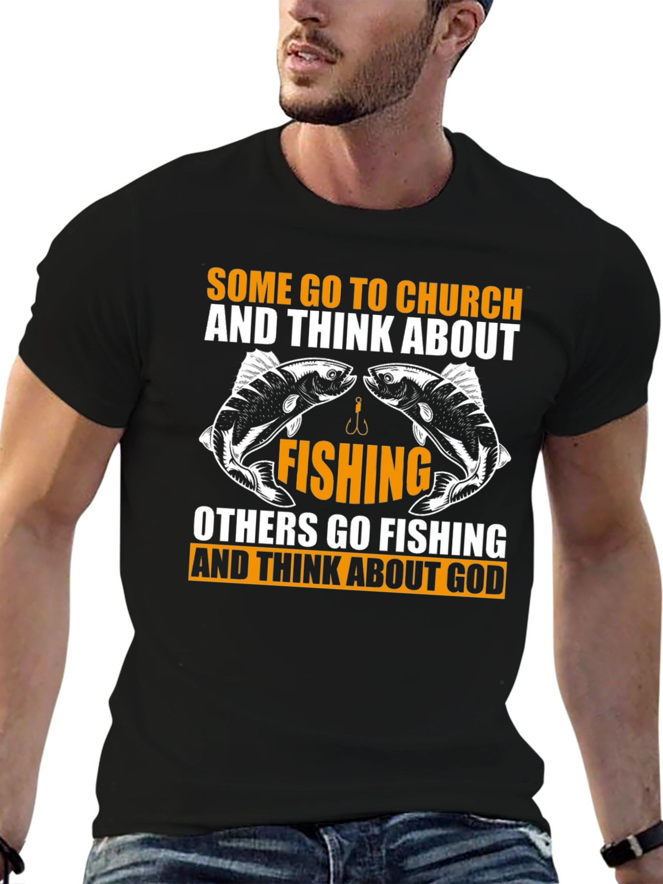 Black Fishing & God Graphic Tee - Black Cotton T-Shirt view 6