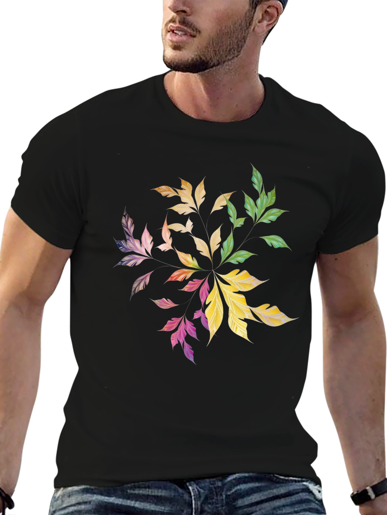Black Colorful Leaf Mandala Graphic Black Tee view 6