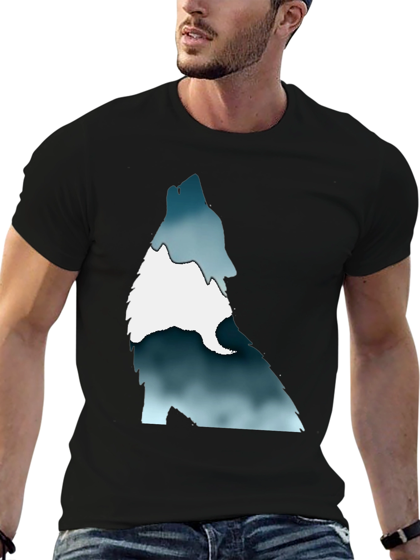 Black Men's Black T-Shirt with Wolf Graphic Print view 6