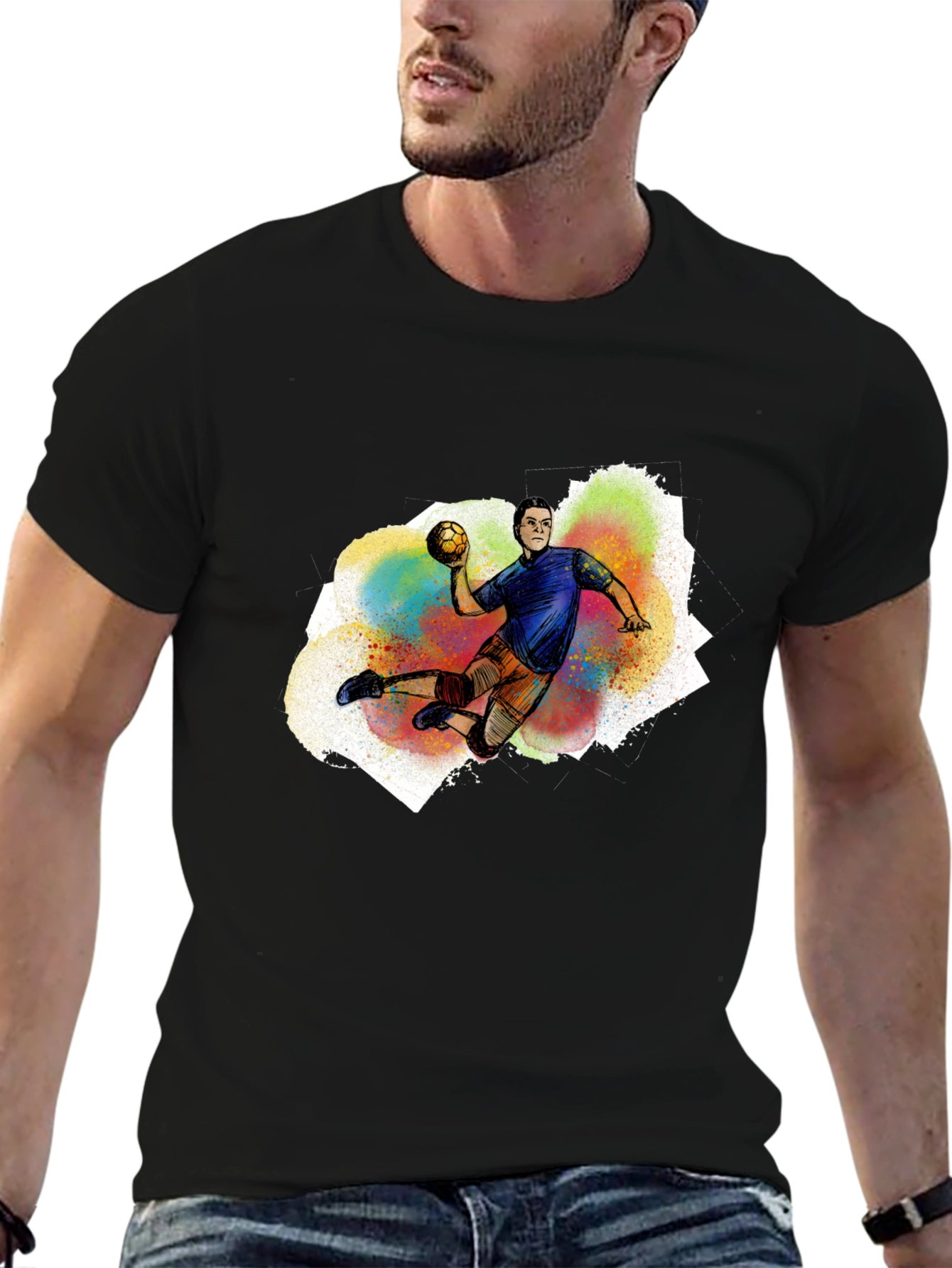 Black Handball Player Graphic T-Shirt - Black Cotton Tee view 6