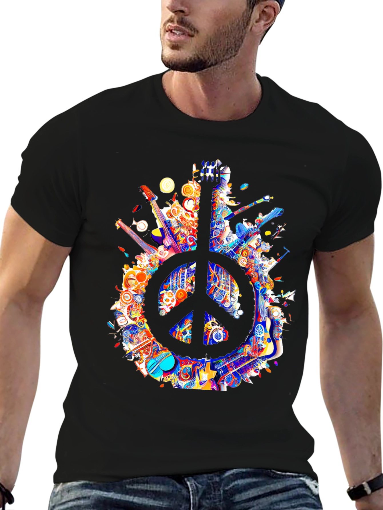 Black Peace Sign Guitar T-Shirt view 6