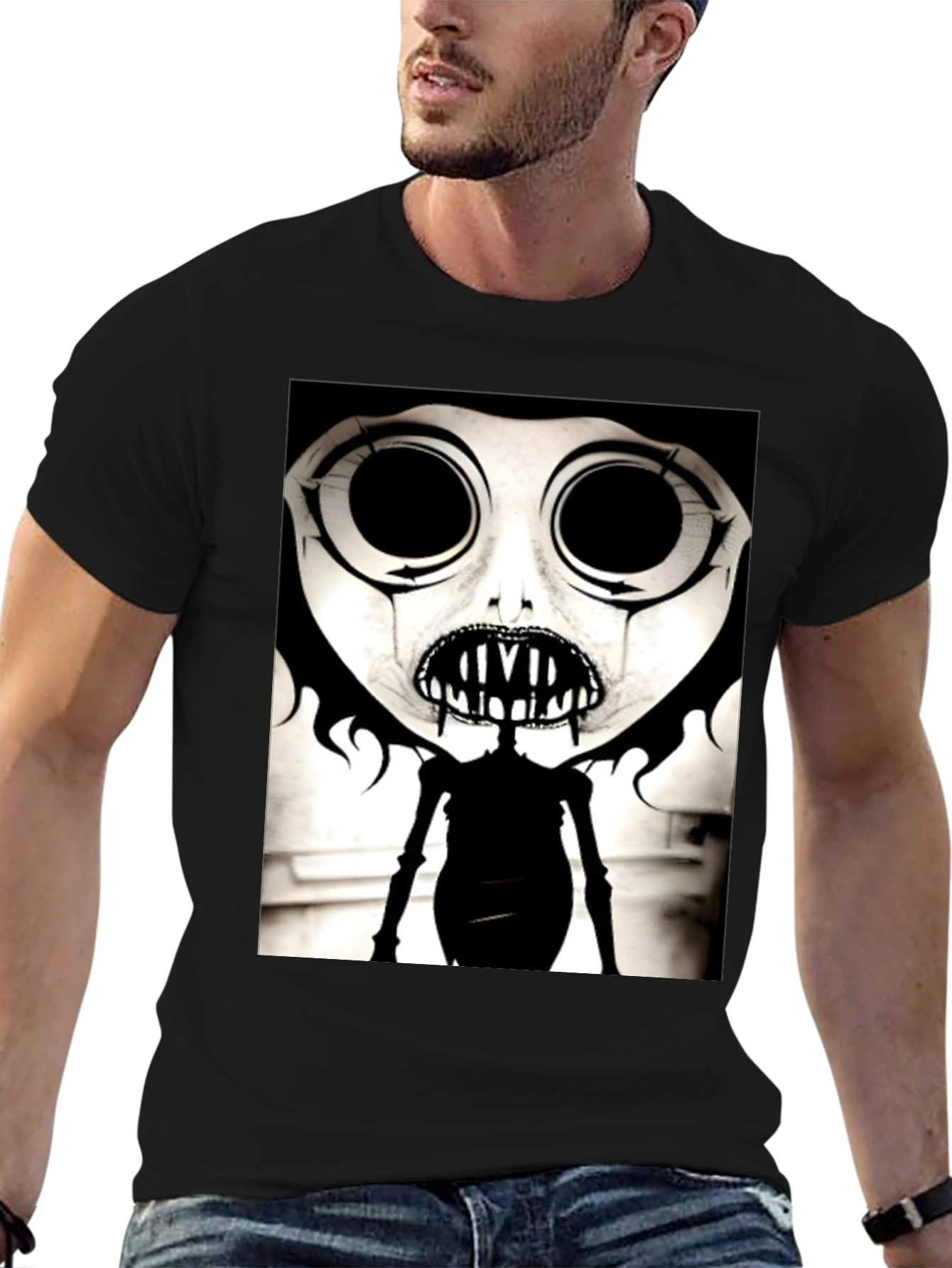 Black Creepy Cartoon Character Graphic Tee - Black view 6