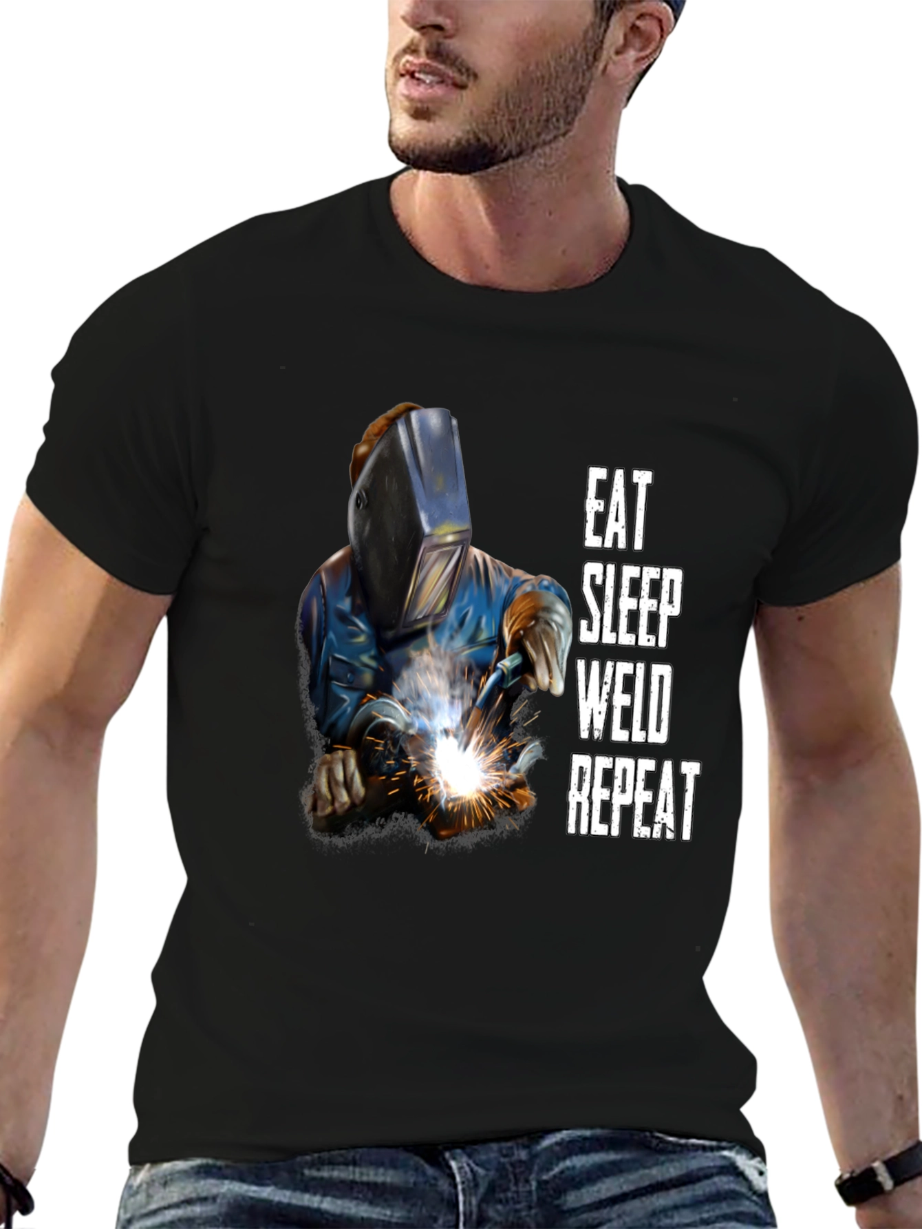 Black Eat Sleep Weld Repeat T-Shirt - Black Welding Tee view 6