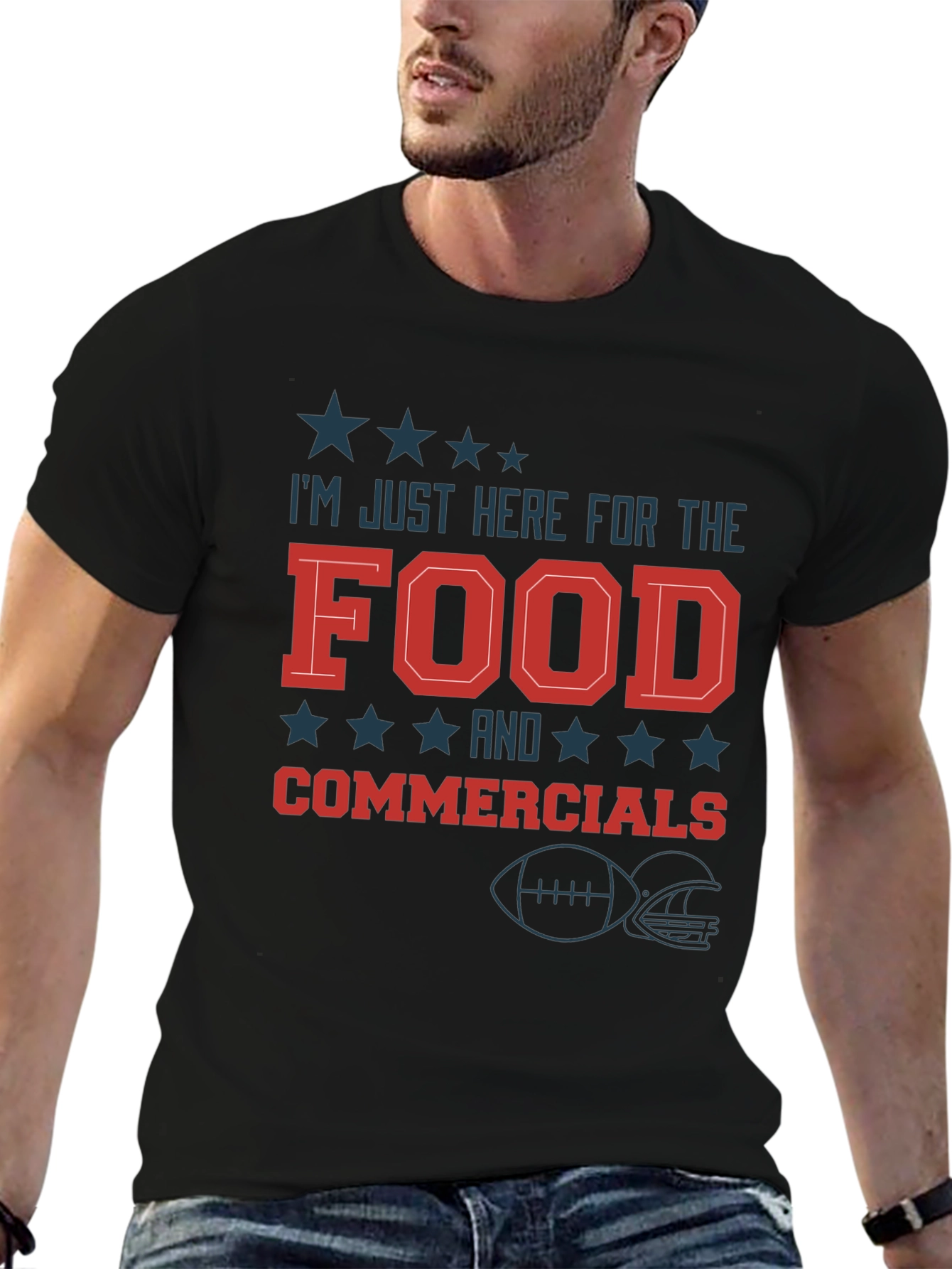 Black I'm Just Here for the Food & Commercials Football T-Shirt view 6