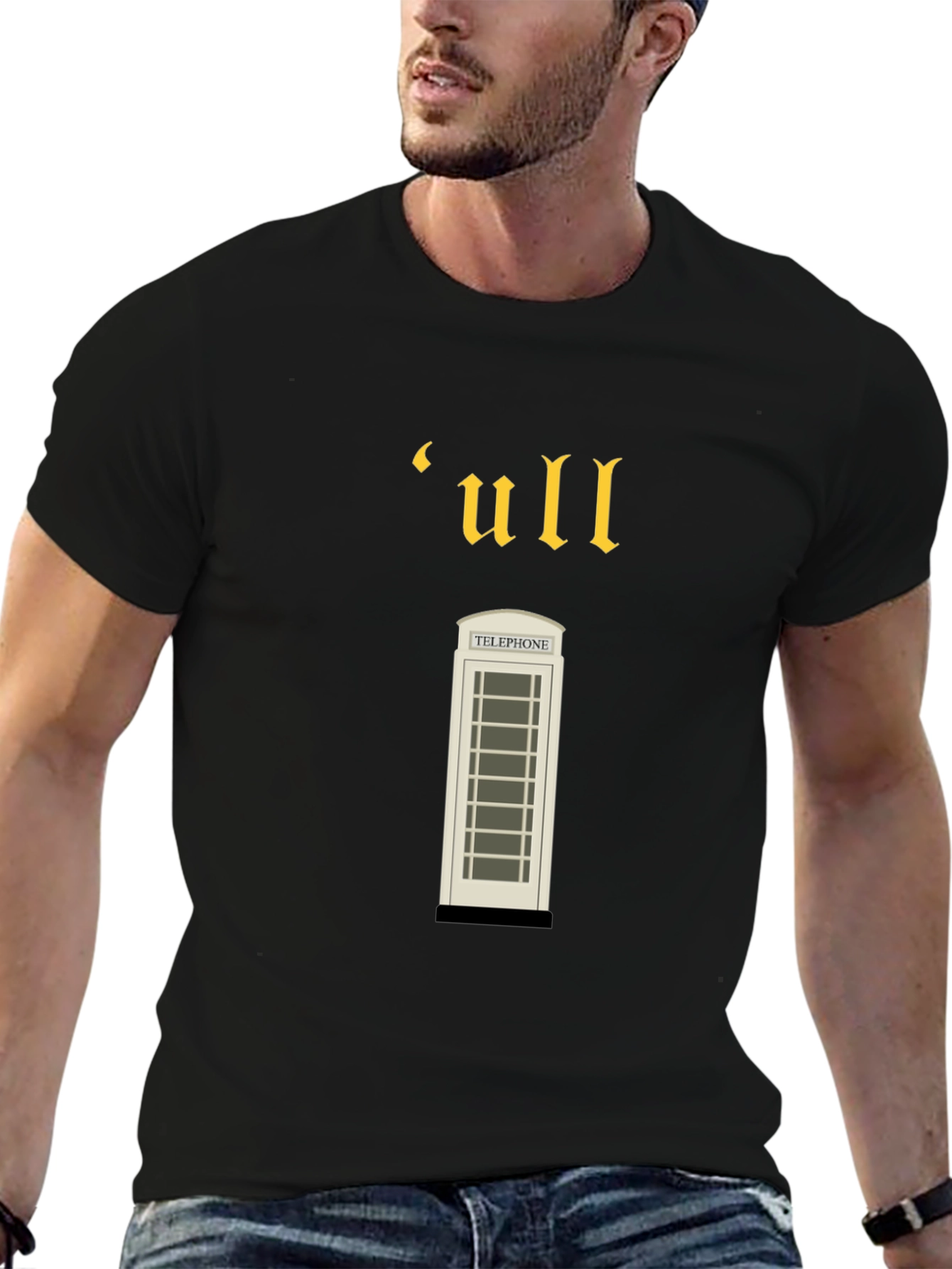 Black Vintage-Style 'ull' Telephone Booth Black T-Shirt view 6
