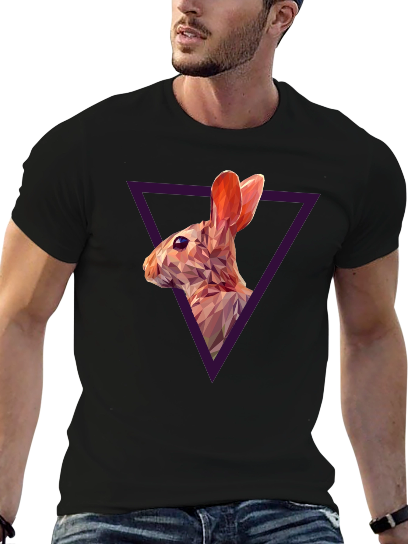 Black Geometric Rabbit Graphic Black T-Shirt view 6