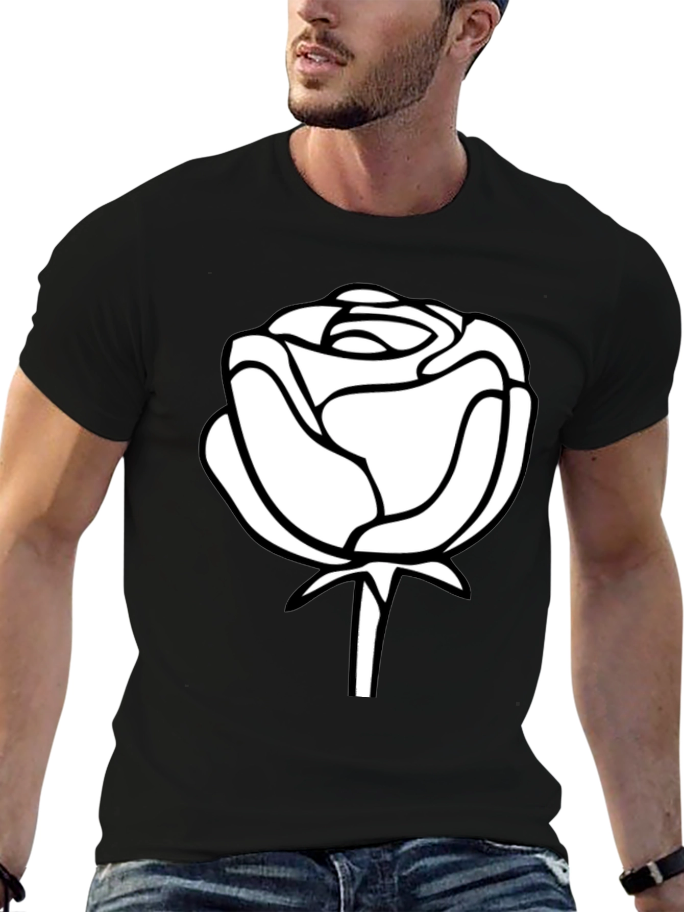 Black Black T-Shirt with White Rose Design view 6