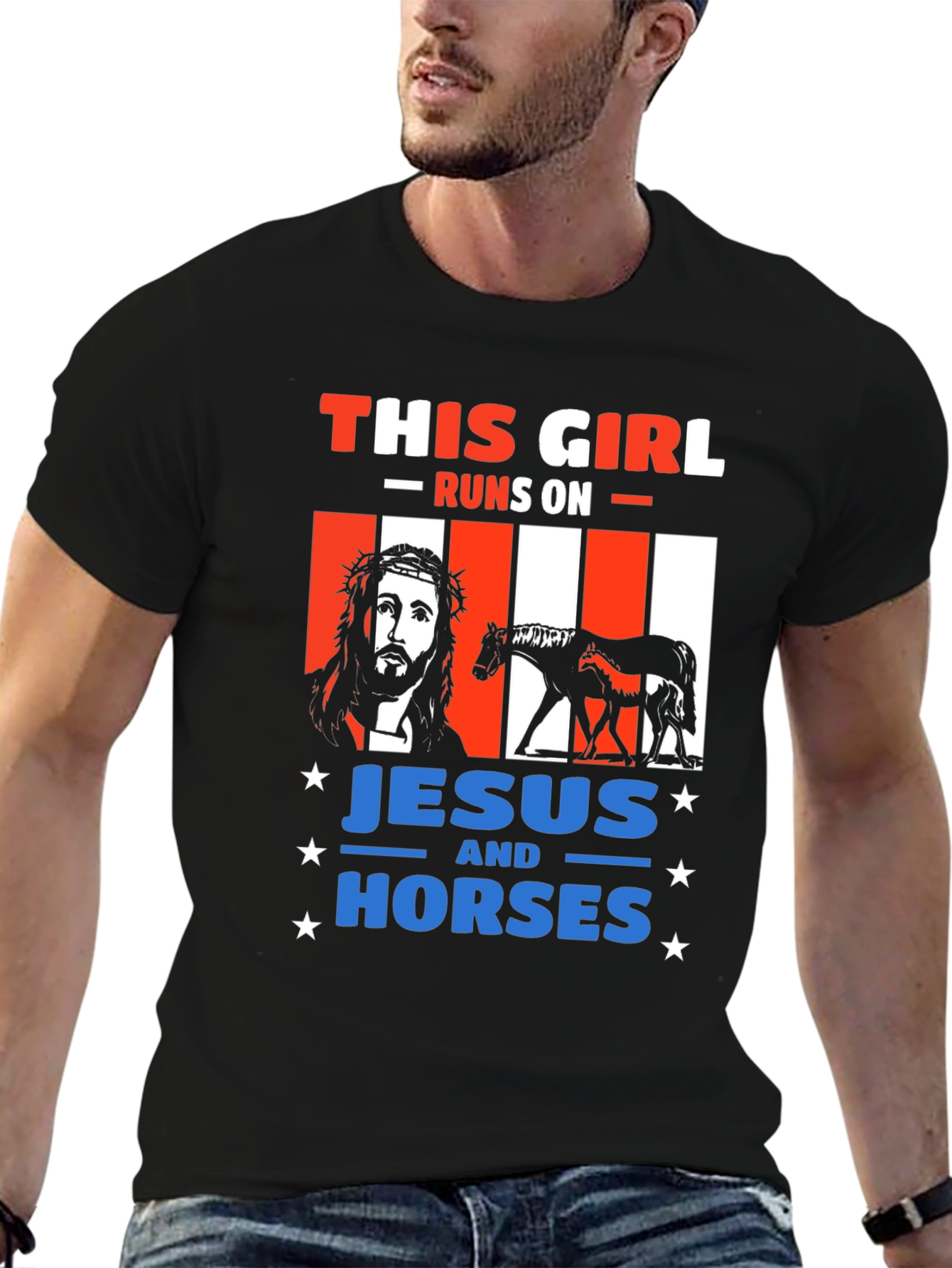 Black This Girl Runs On Jesus and Horses T-Shirt view 6