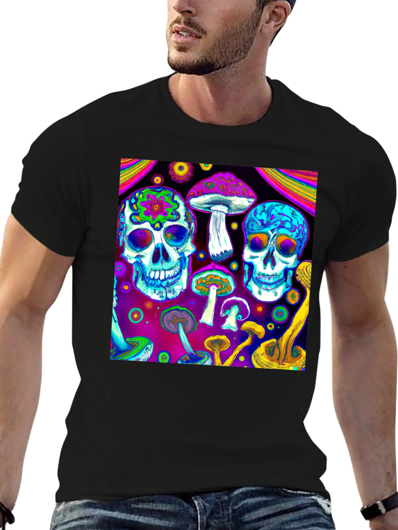 Black Psychedelic Skull & Mushroom Graphic T-Shirt view 6