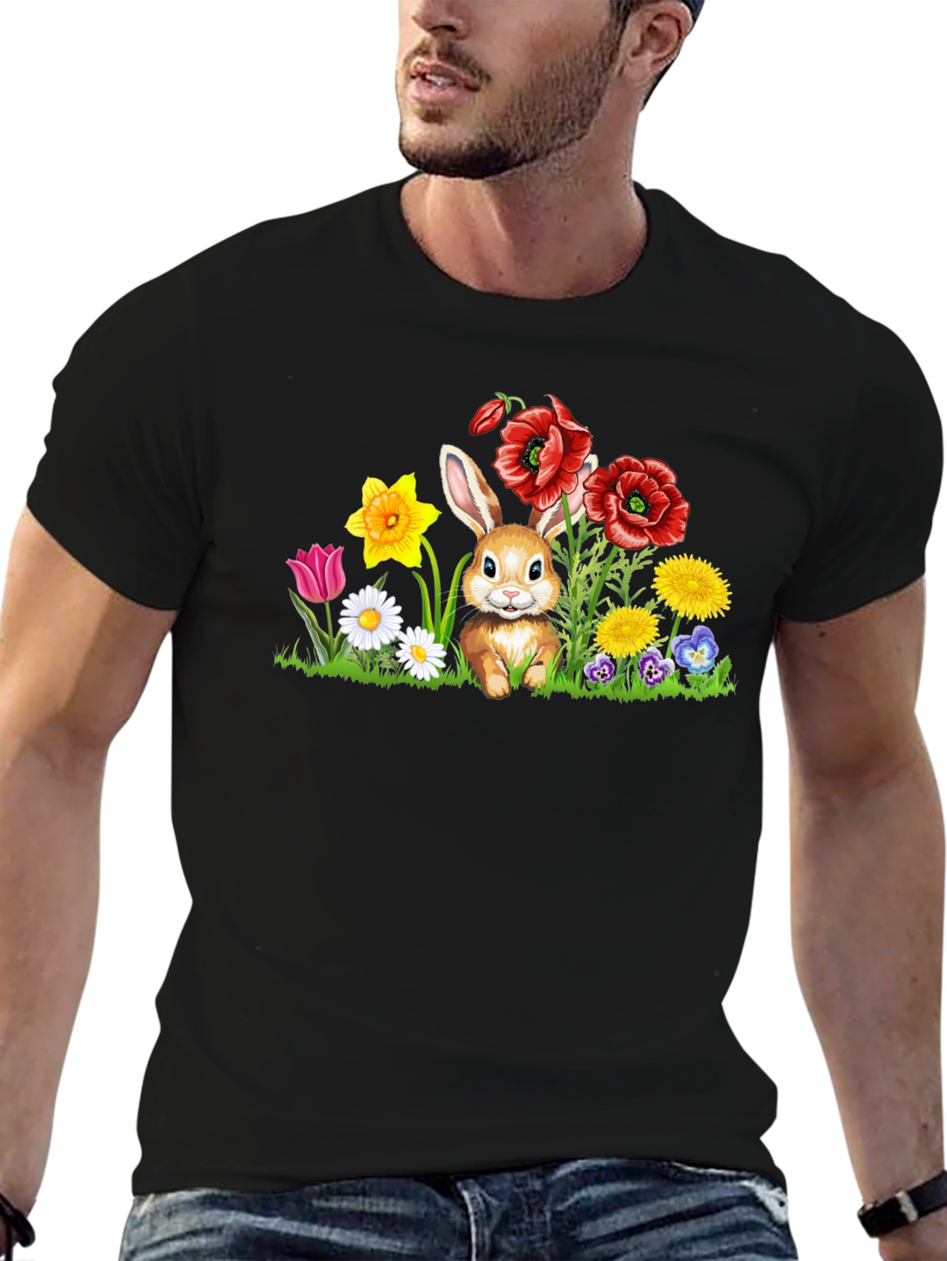 Black Cute Bunny in Flower Patch Black T-Shirt view 6