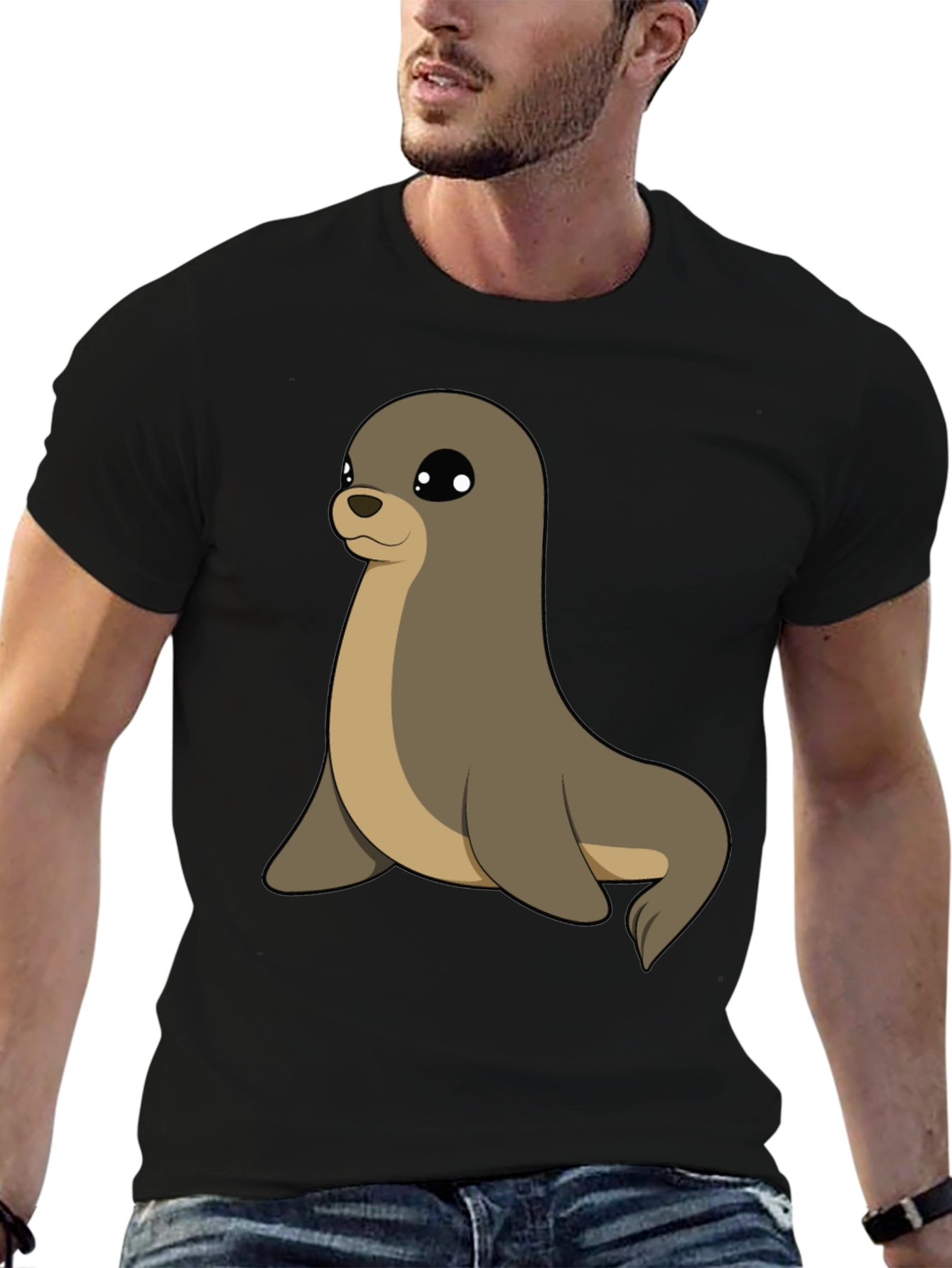 Black Cute Seal Graphic Tee - Casual Black T-Shirt view 6