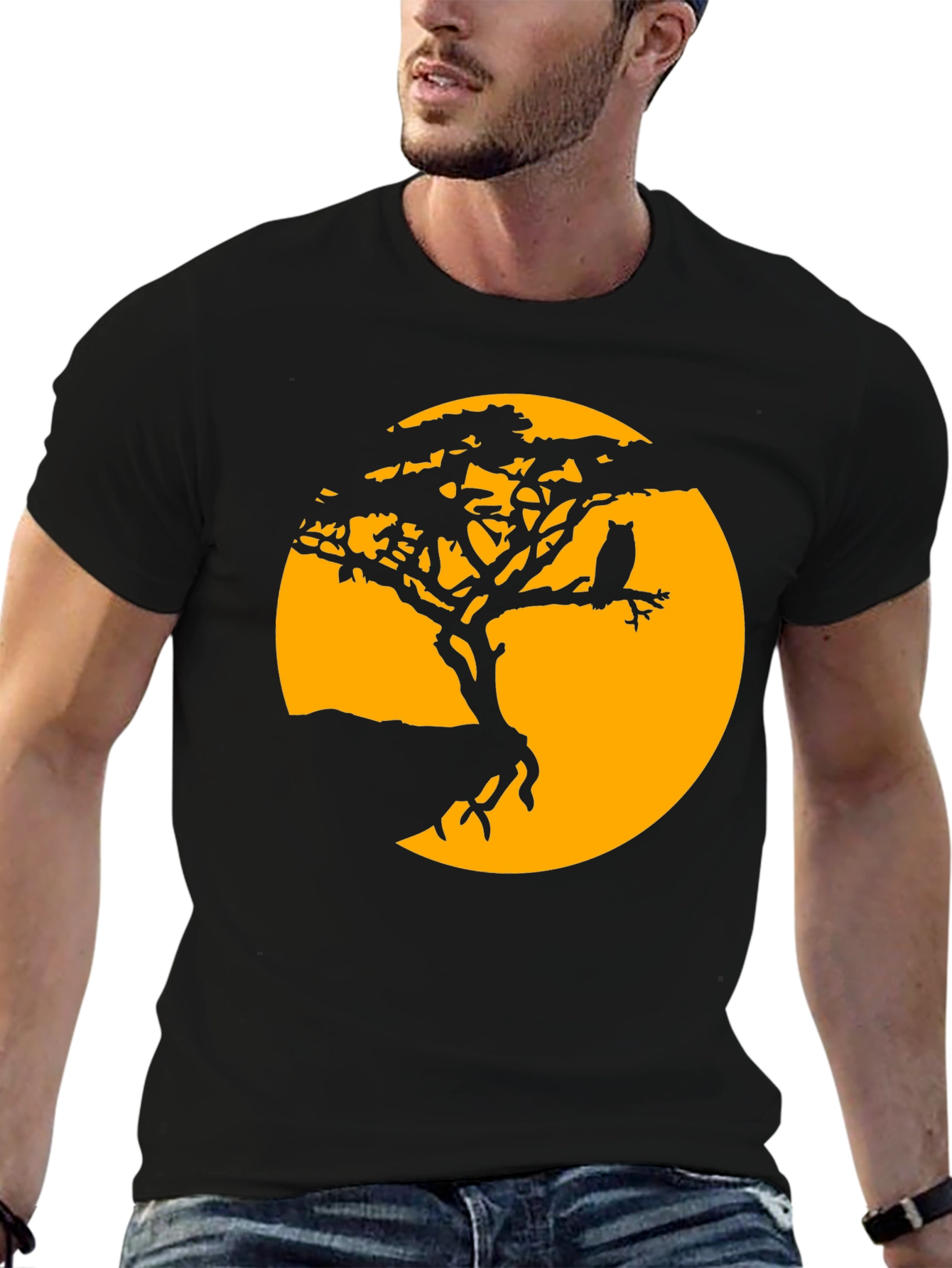 Black Owl Tree Silhouette T-Shirt - Men's Graphic Tee view 6