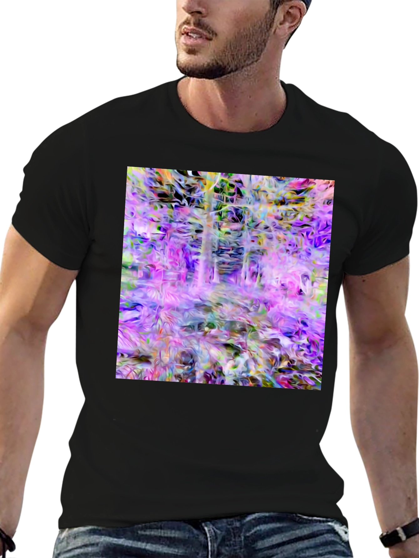 Black Abstract Forest Print Black T-Shirt view 6