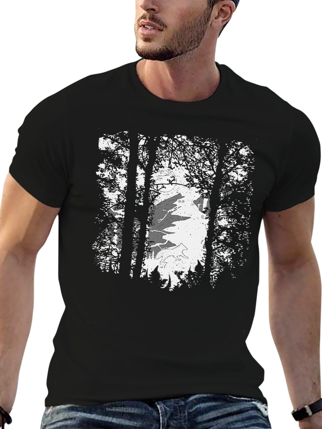 Black Wolf Moon Forest Tee - Graphic Print Black T-Shirt view 6