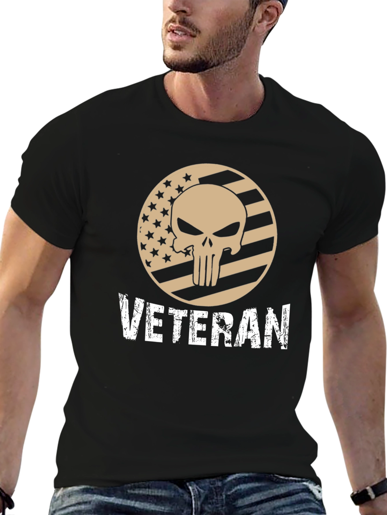Black Veteran Punisher Skull Graphic T-Shirt view 6