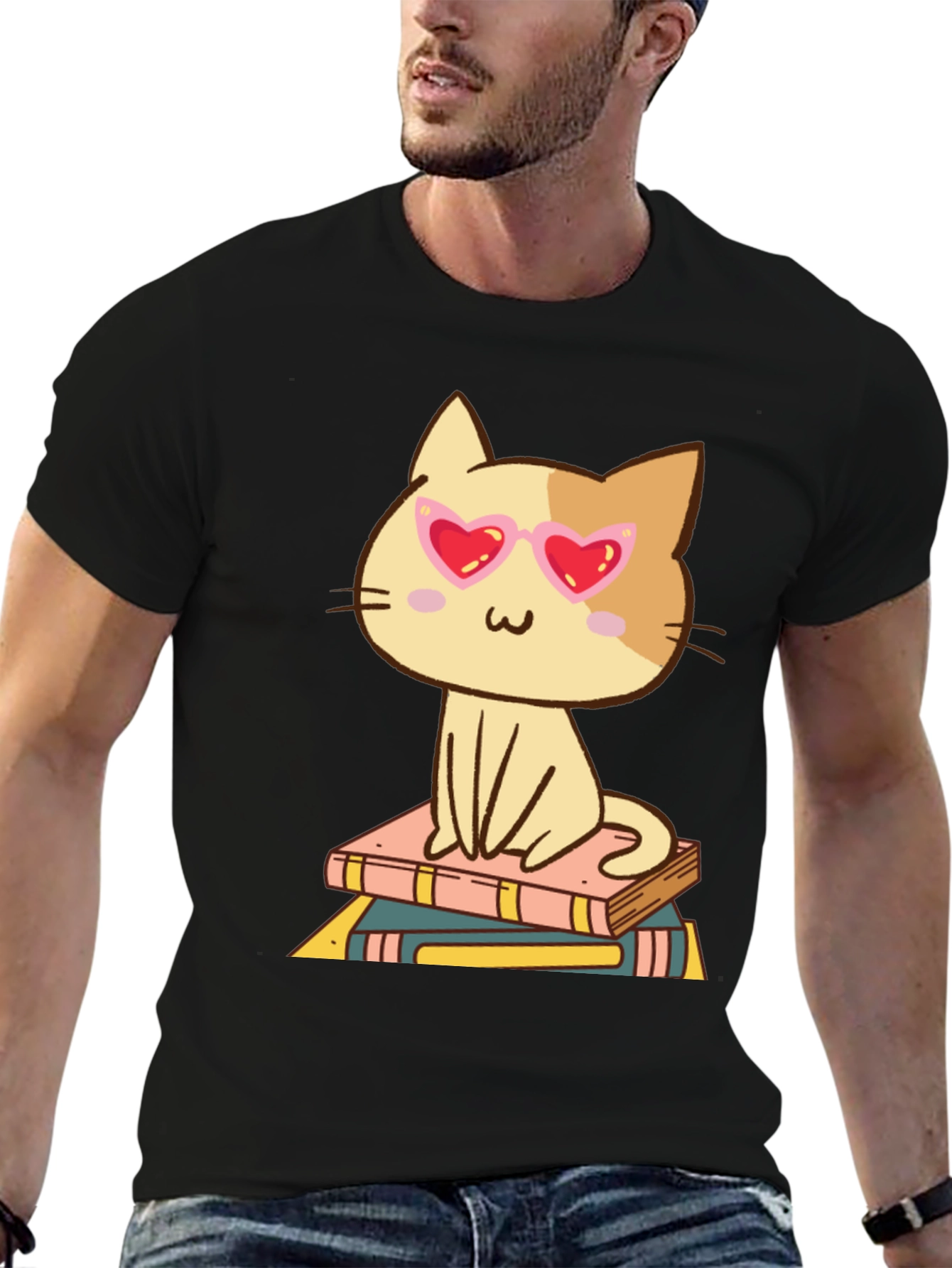 Black Cute Cat Reading Books T-Shirt view 6