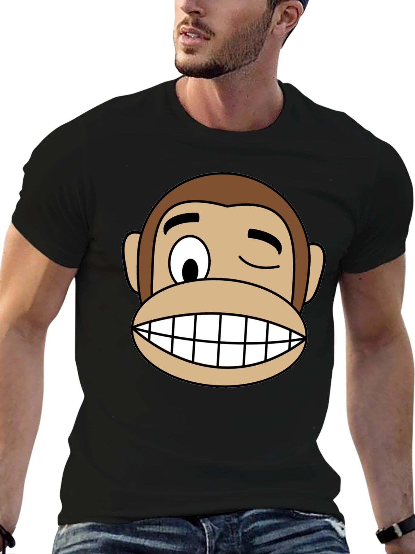 Black Funny Monkey Face Graphic Black T-Shirt view 6