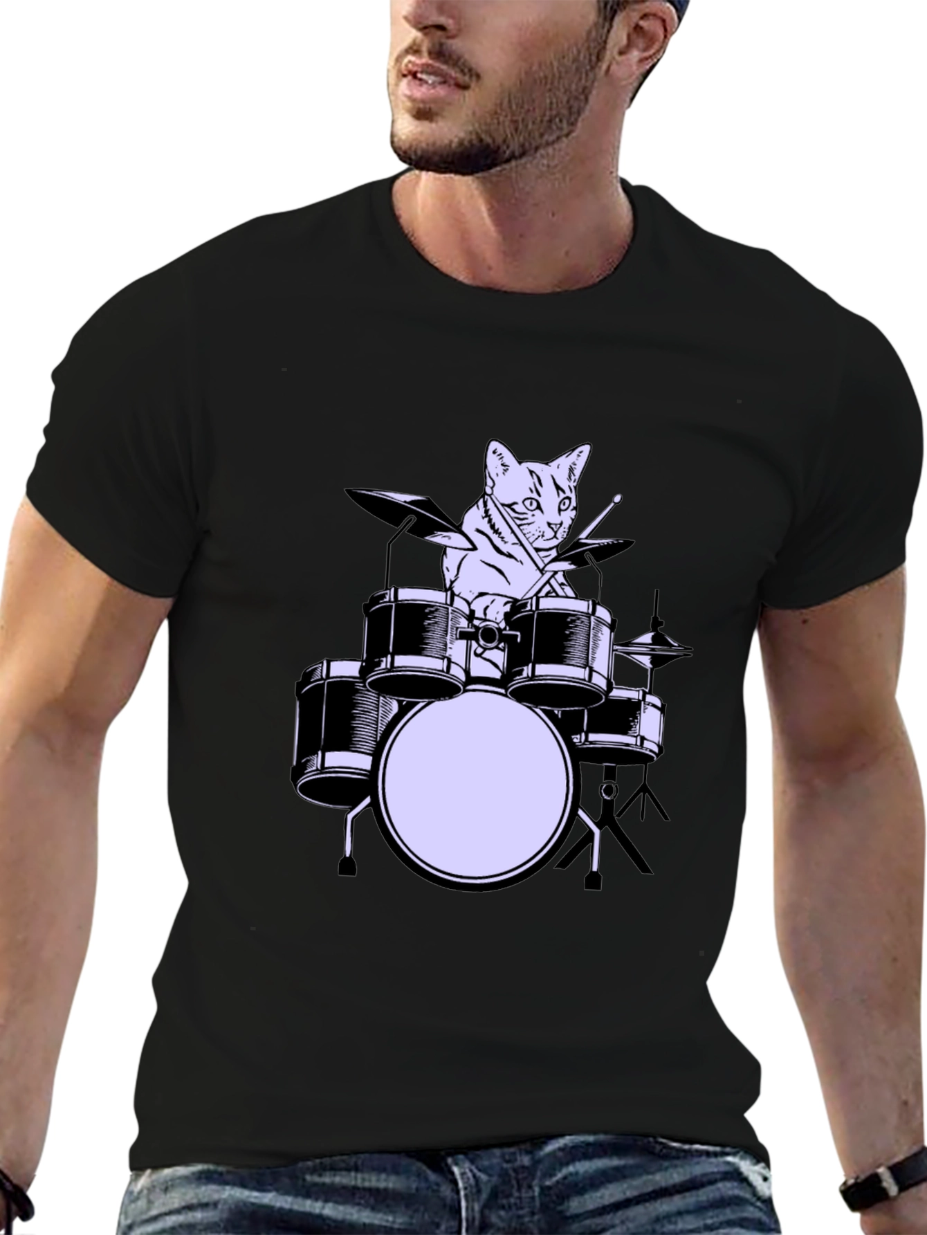 Black Cat Drummer Graphic Tee - Cool Musician Cat Shirt view 6