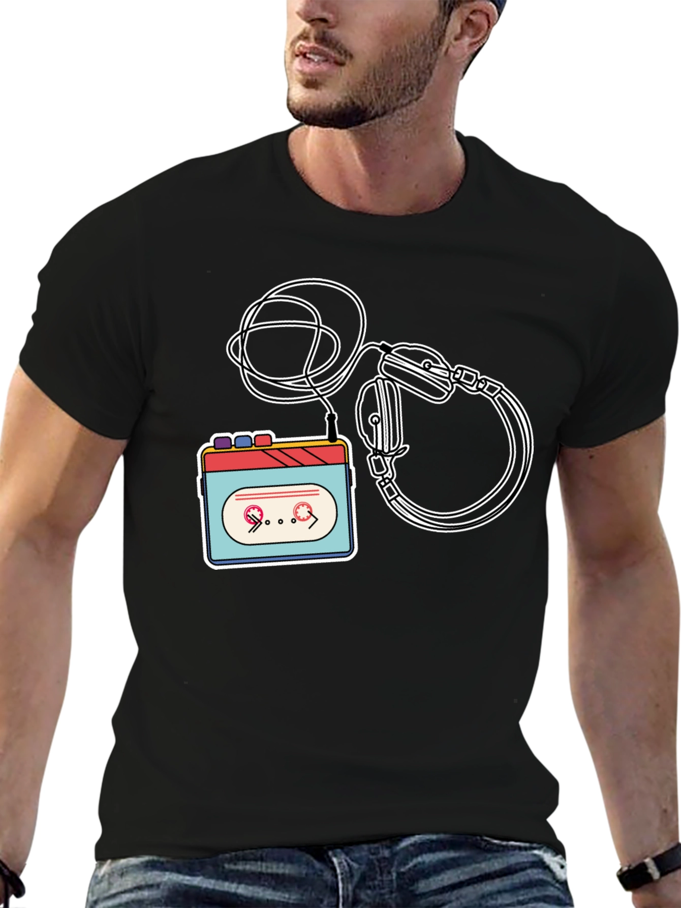 Black Retro Cassette & Headphones Graphic Tee view 6