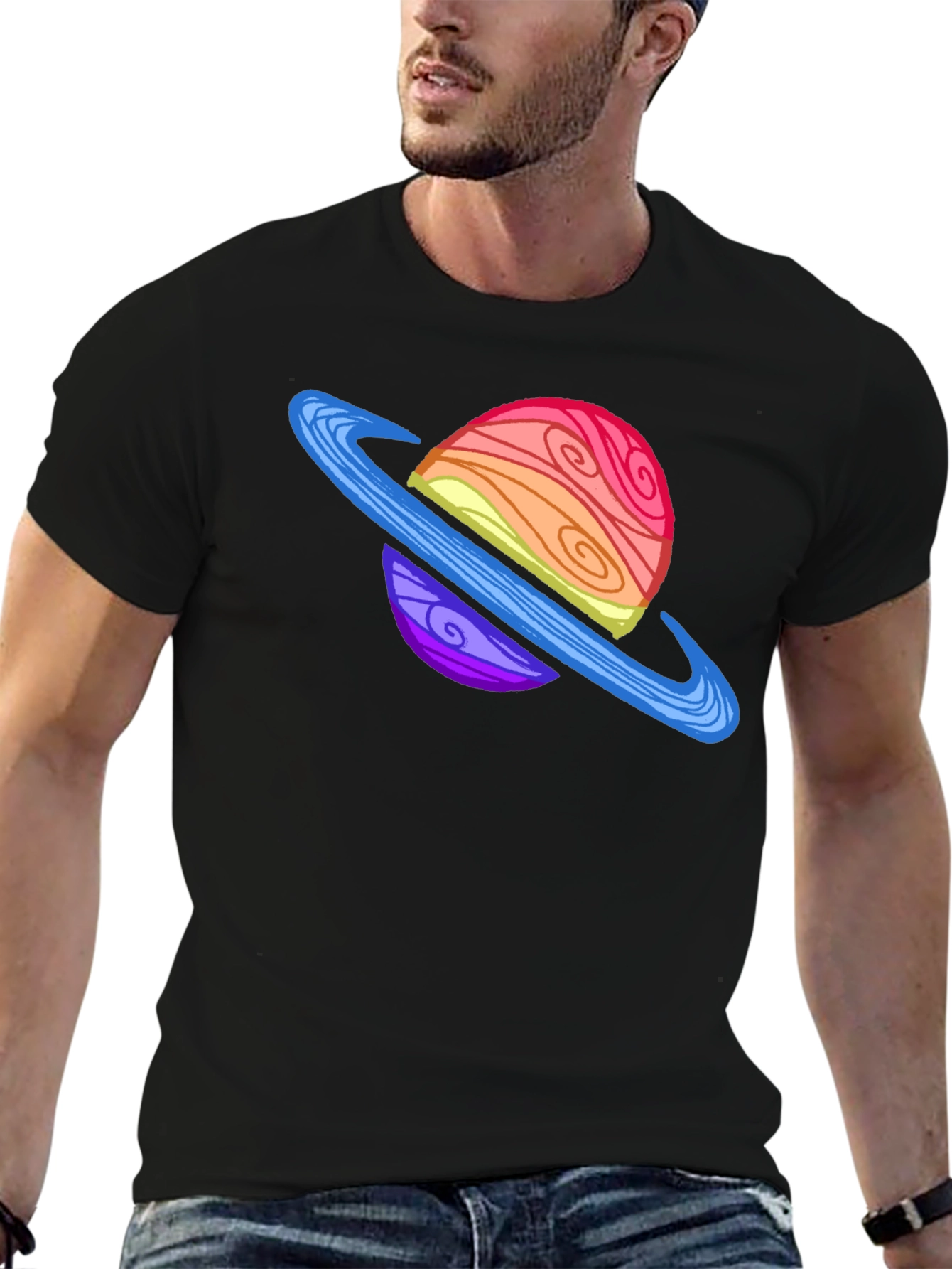 Black Cartoon Planet Graphic Tee - Black Crew Neck T-Shirt view 6