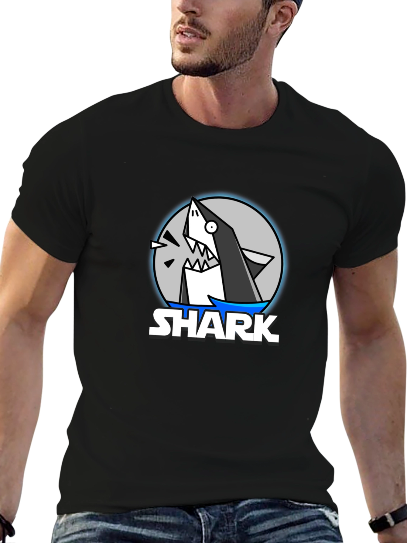 Black Cartoon Shark Graphic Black T-Shirt view 6