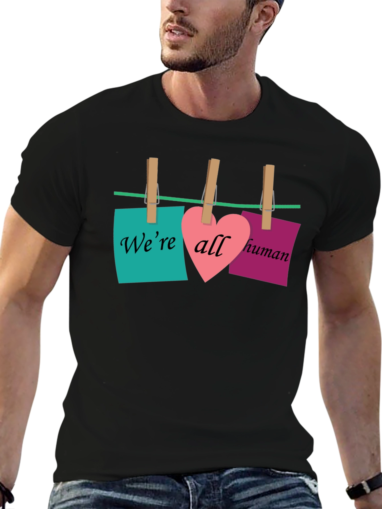 Black We're All Human T-Shirt - Equality & Love Design view 6