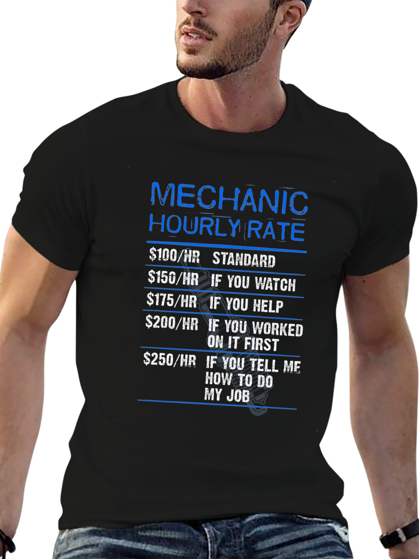 Black Mechanic Hourly Rate Funny T-Shirt view 6