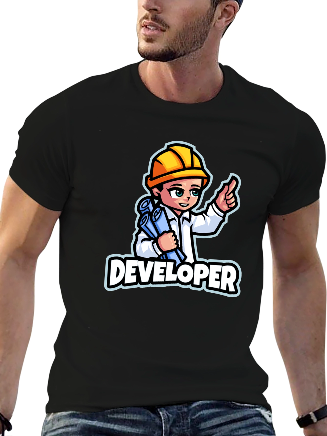 Black Developer Cartoon Graphic T-Shirt - Soft Cotton Blend view 6