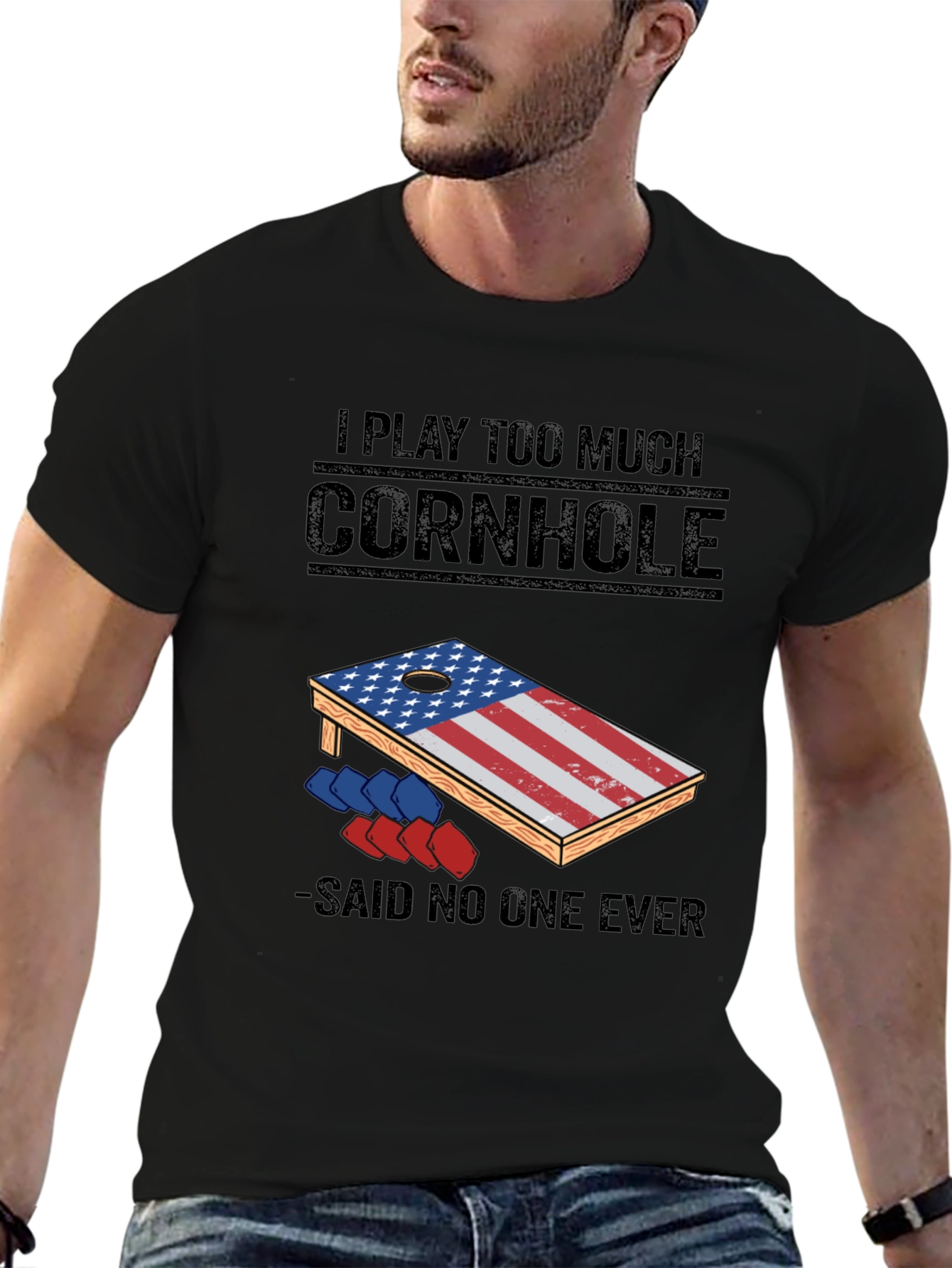 Black I Play Too Much Cornhole T-Shirt view 6
