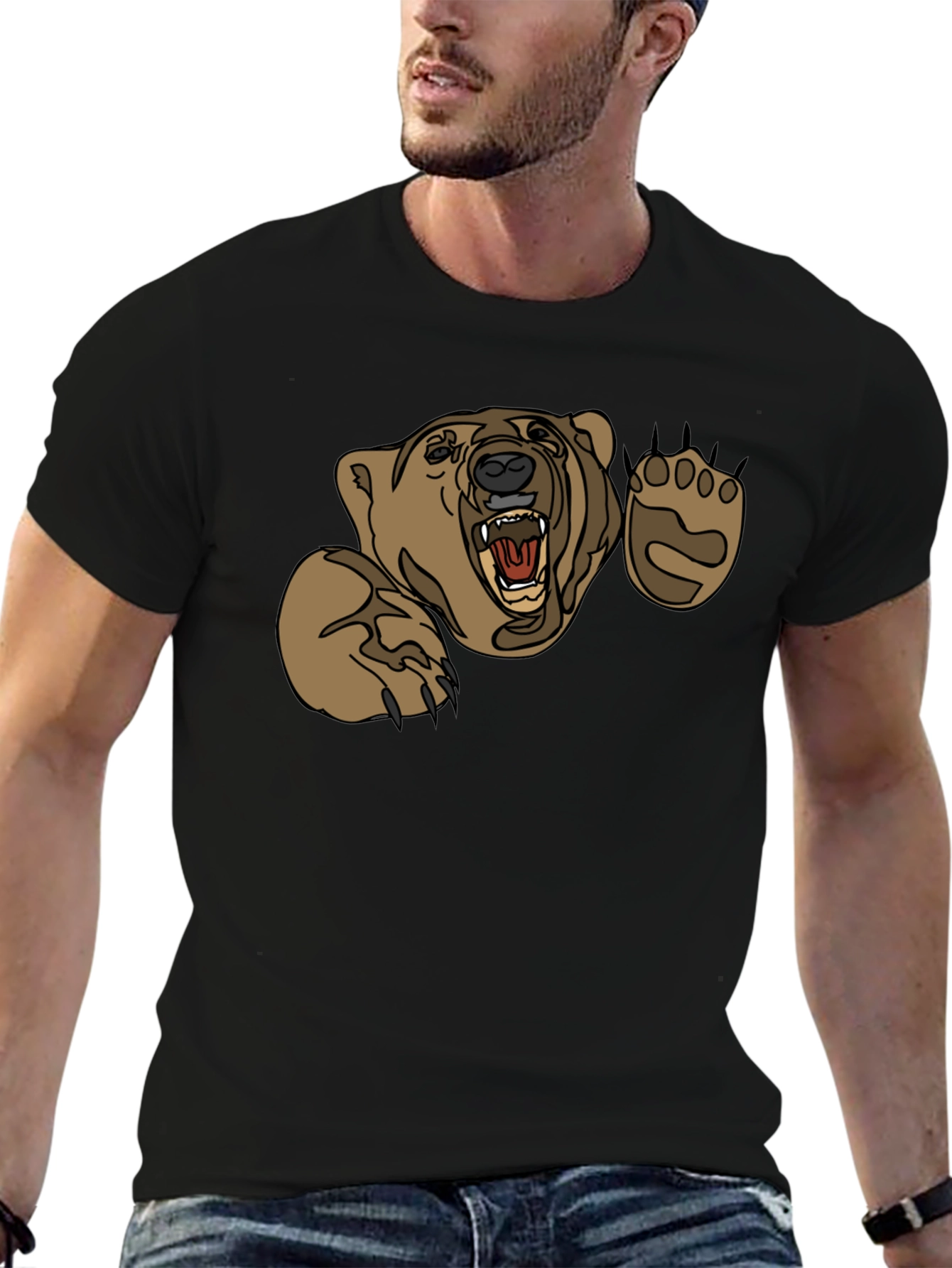 Black Grizzly Bear Graphic Print Black T-Shirt view 6