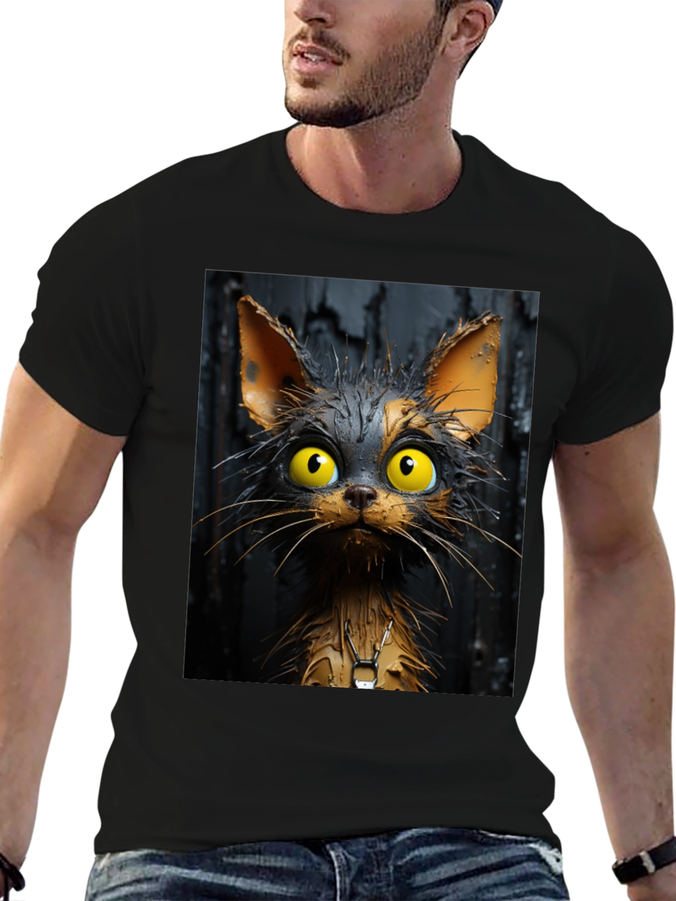 Black Cartoon Cat Graphic Tee - Unisex Black T-Shirt view 6