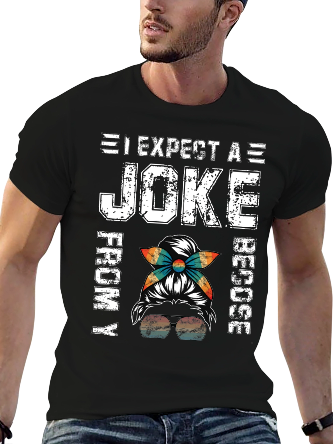 Black Expect A Joke From My Rescu Messy Bun T-Shirt view 6