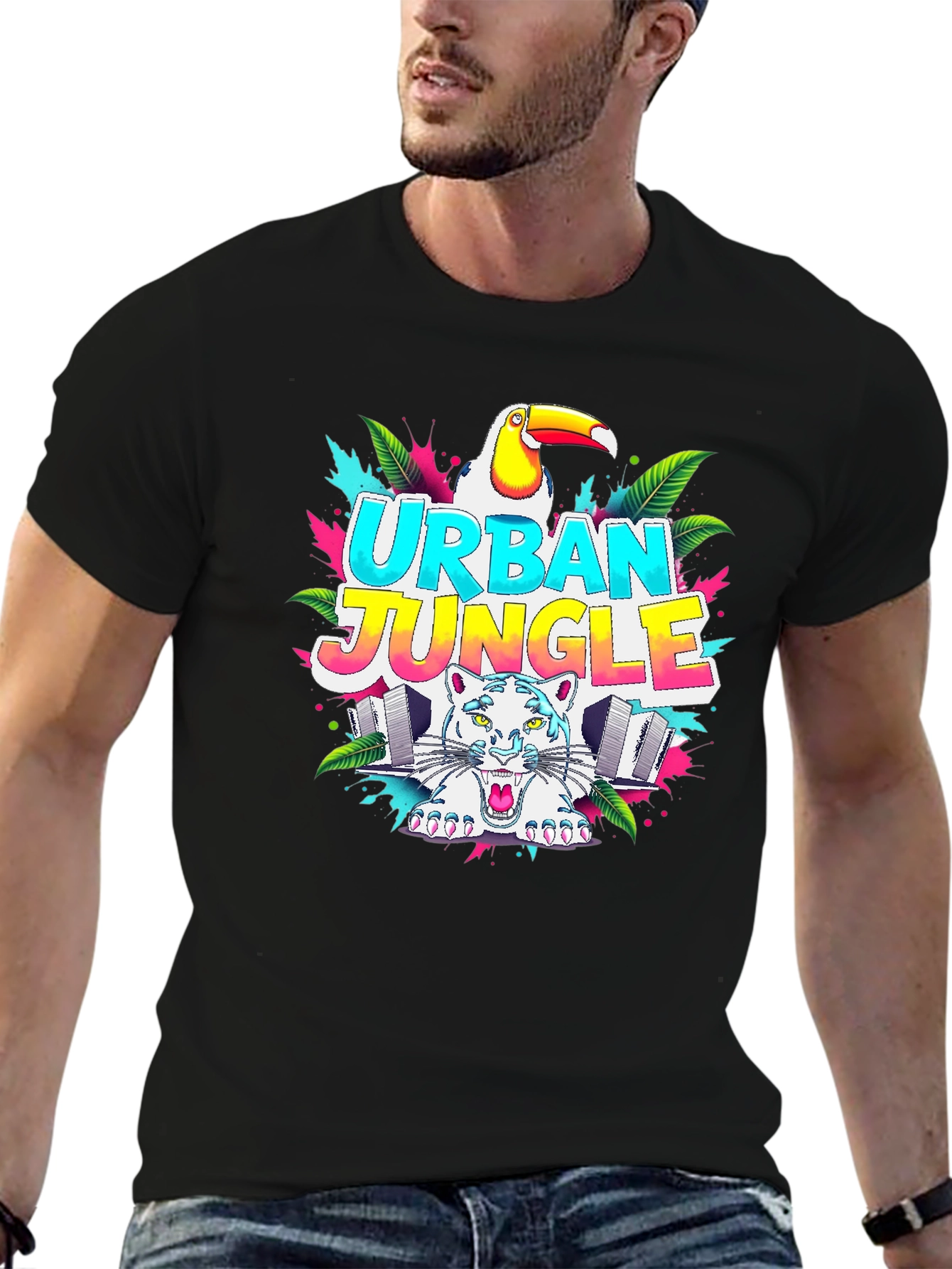 Black Urban Jungle Graphic T-Shirt - Tropical Toucan & Tiger view 6