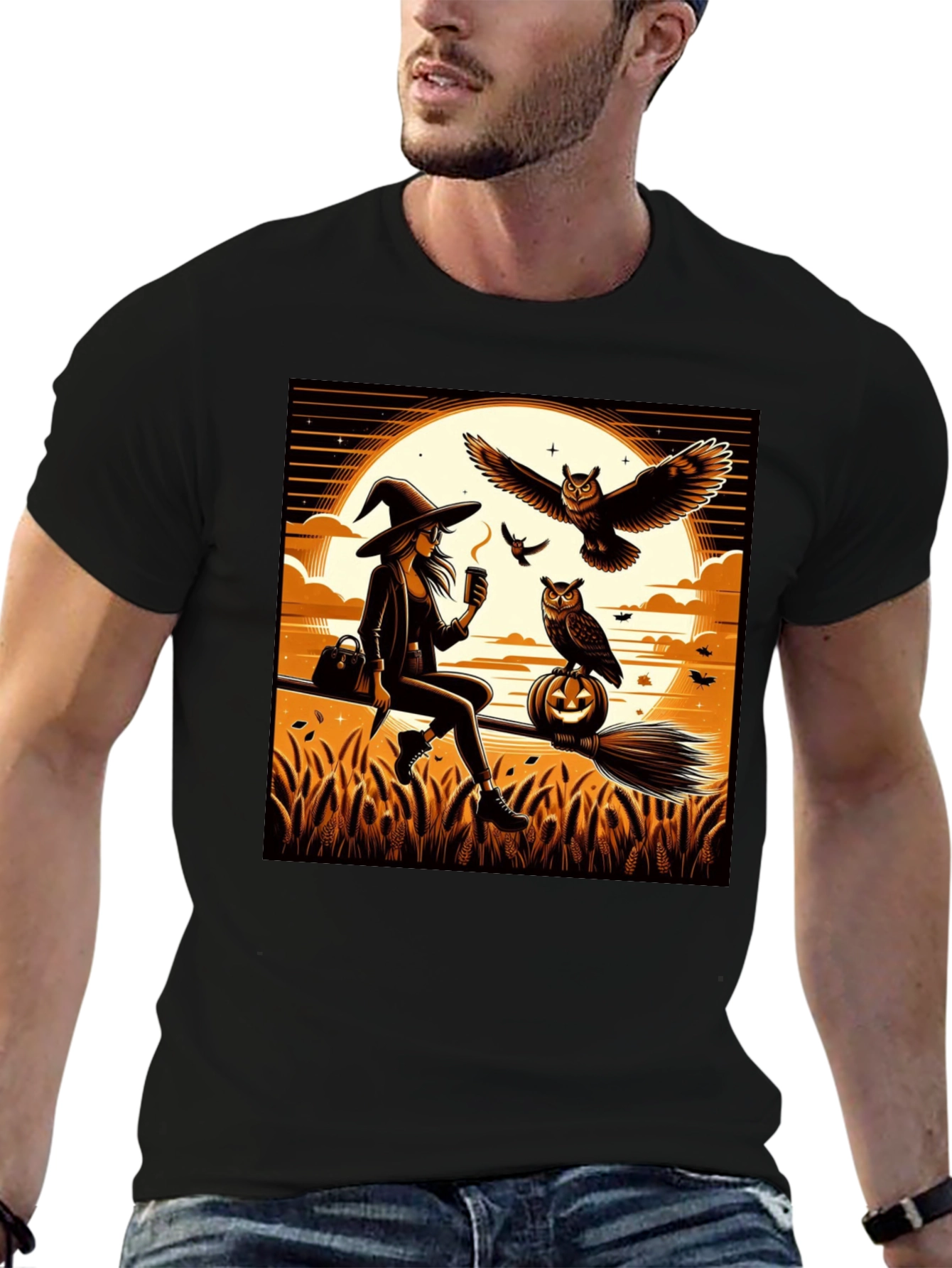 Black Witch & Owl Halloween T-Shirt view 6