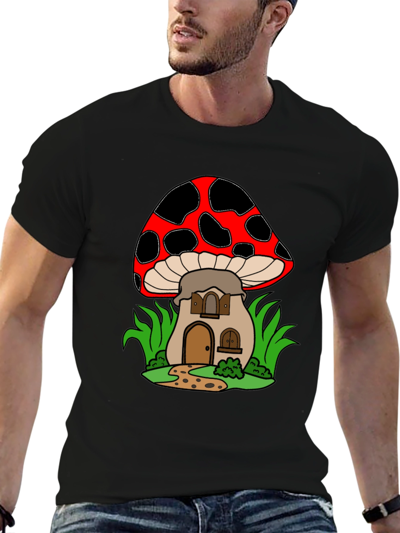 Black Mushroom House Graphic Tee - Quirky Black T-Shirt view 6
