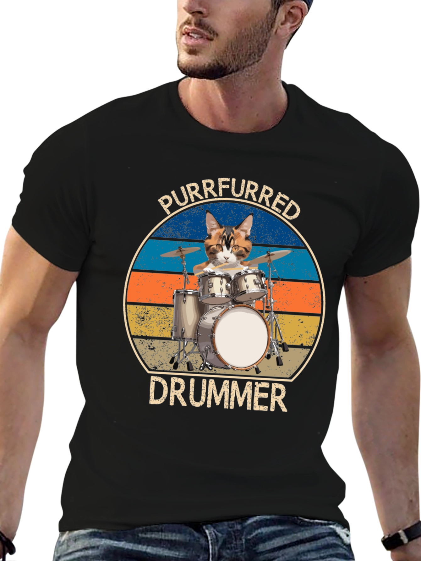 Black Purrfurred Drummer T-Shirt - Cat Lover Music Tee view 6