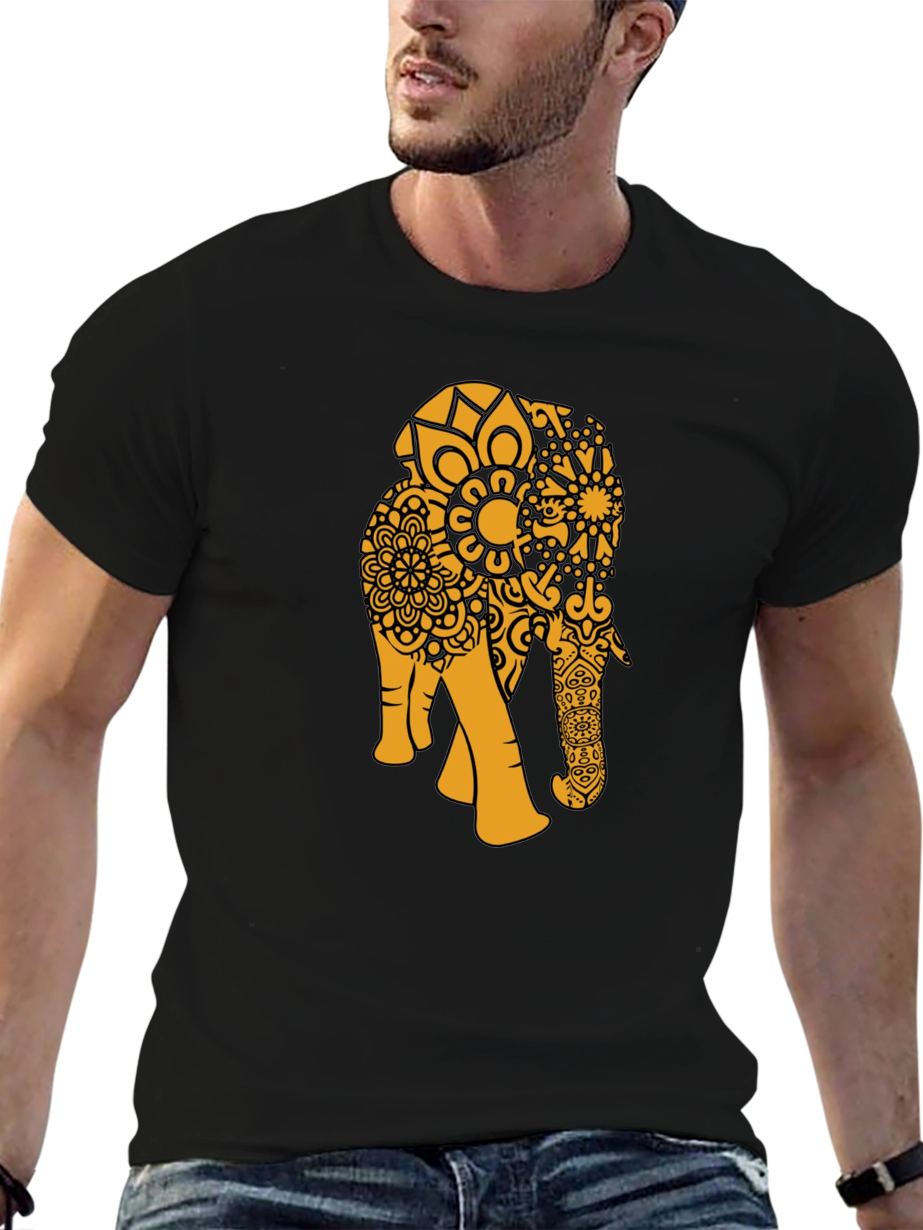 Black Black T-Shirt with Gold Elephant Mandala view 6