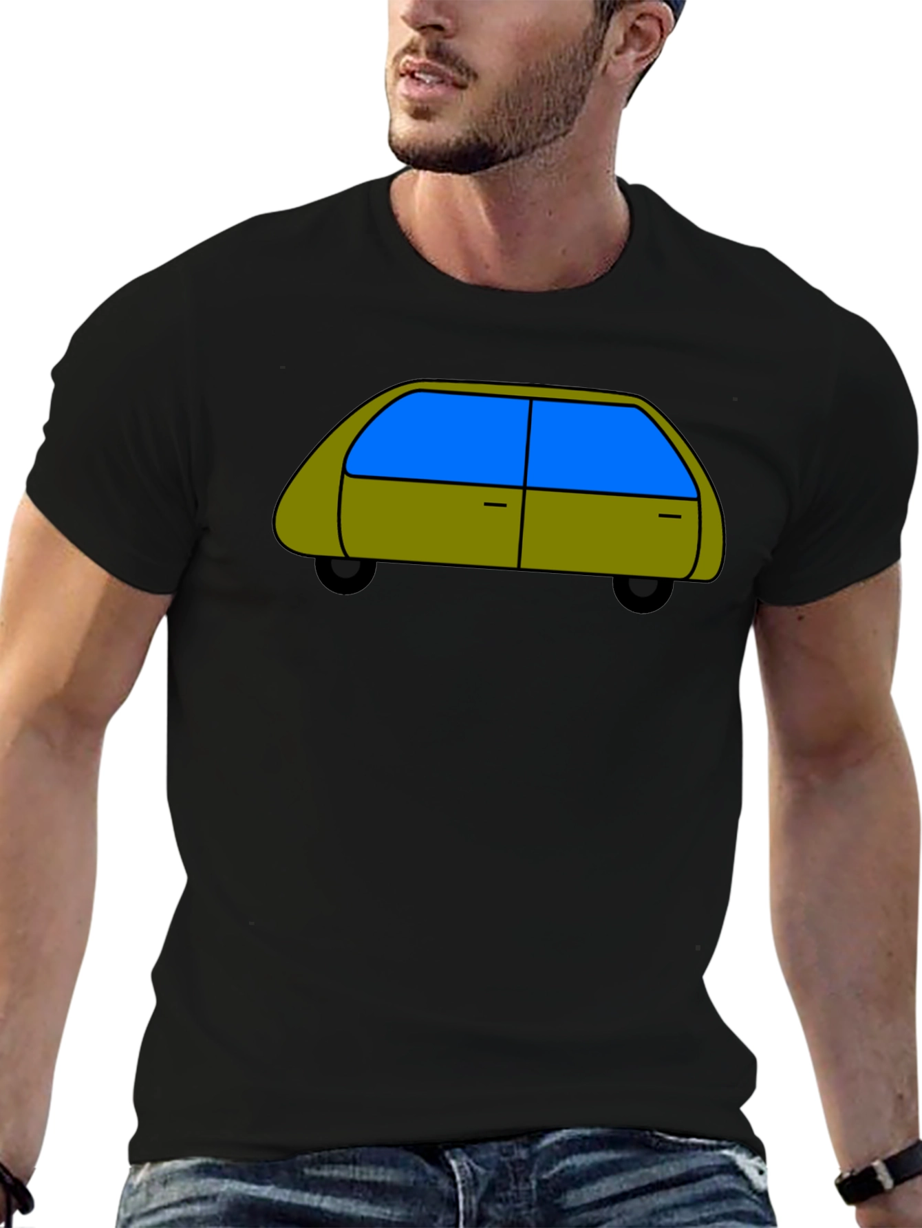 Black Cartoon Car Graphic Tee - Black Cotton T-Shirt view 6