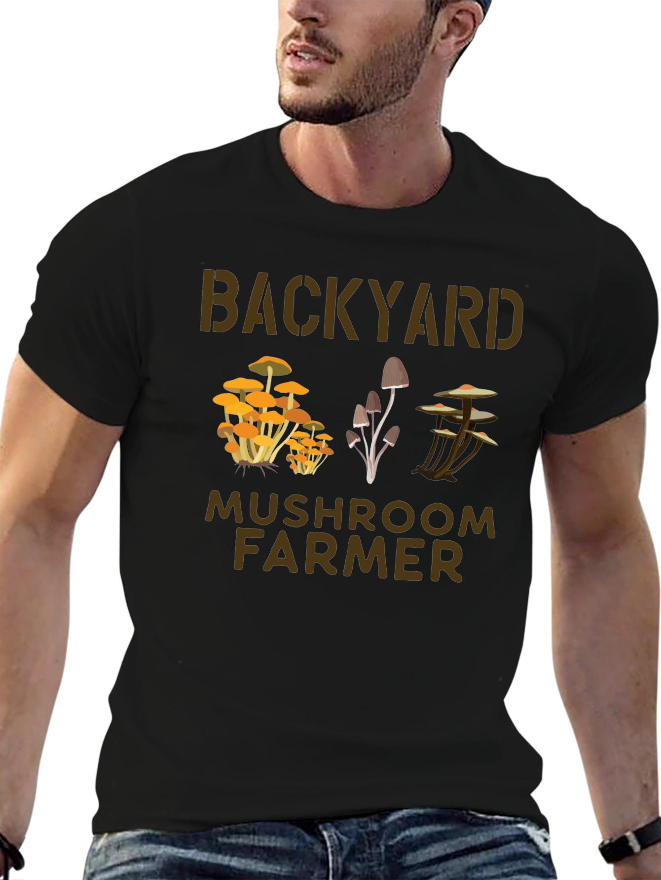 Black Backyard Mushroom Farmer Graphic T-Shirt view 6