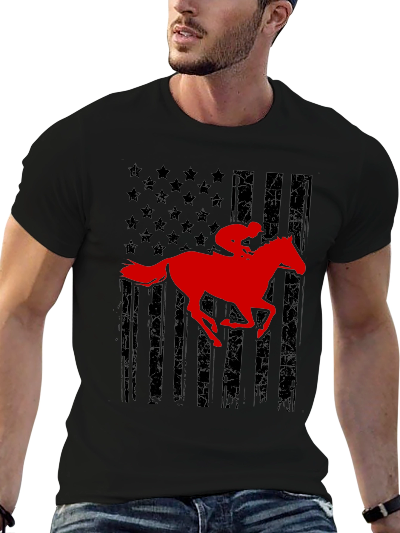 Black American Flag Horse Racing T-Shirt view 6