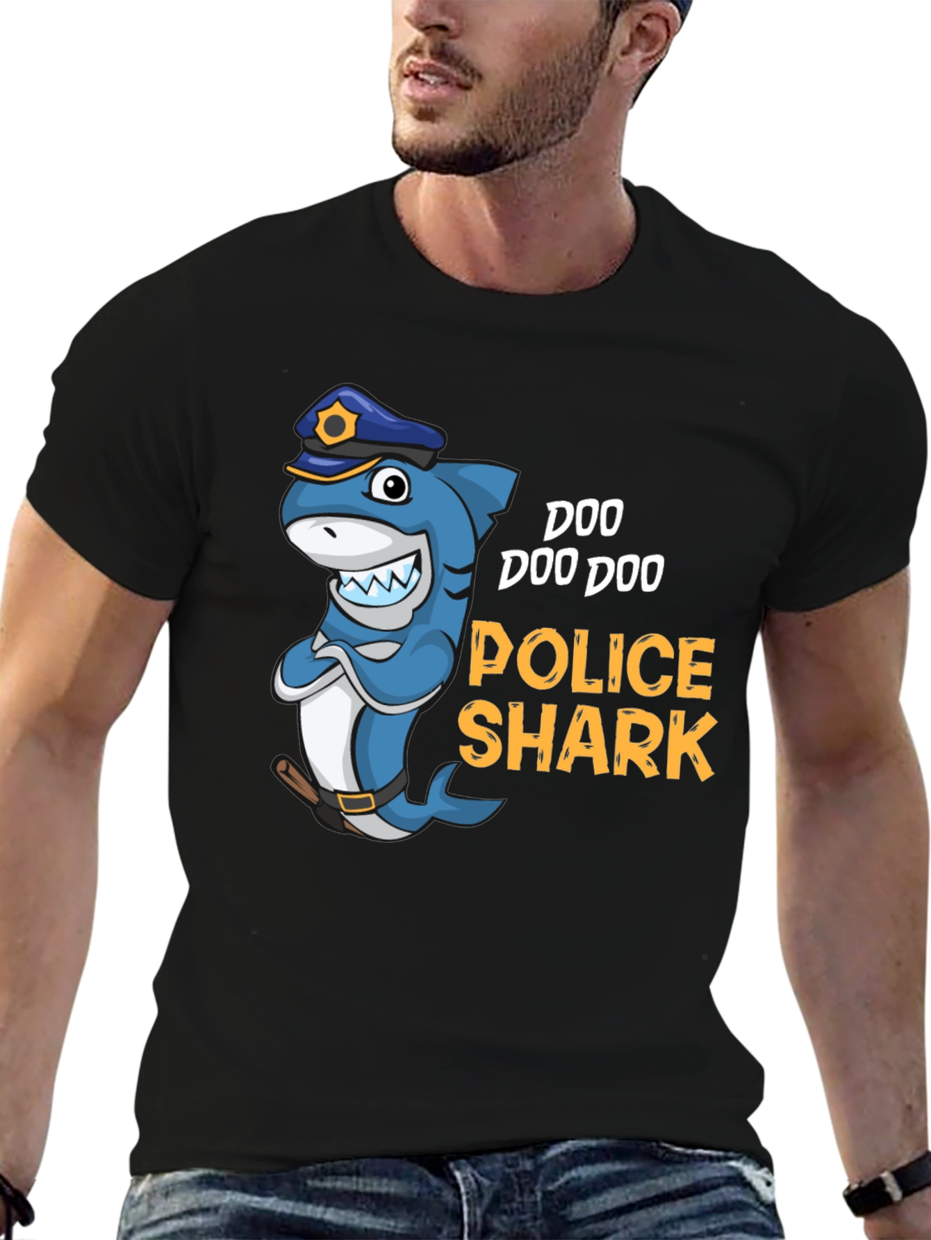 Black Doo Doo Doo Police Shark Graphic Tee view 6