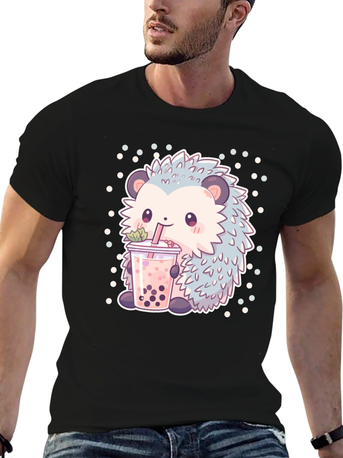 Black Cute Hedgehog Boba Tea T-Shirt view 6